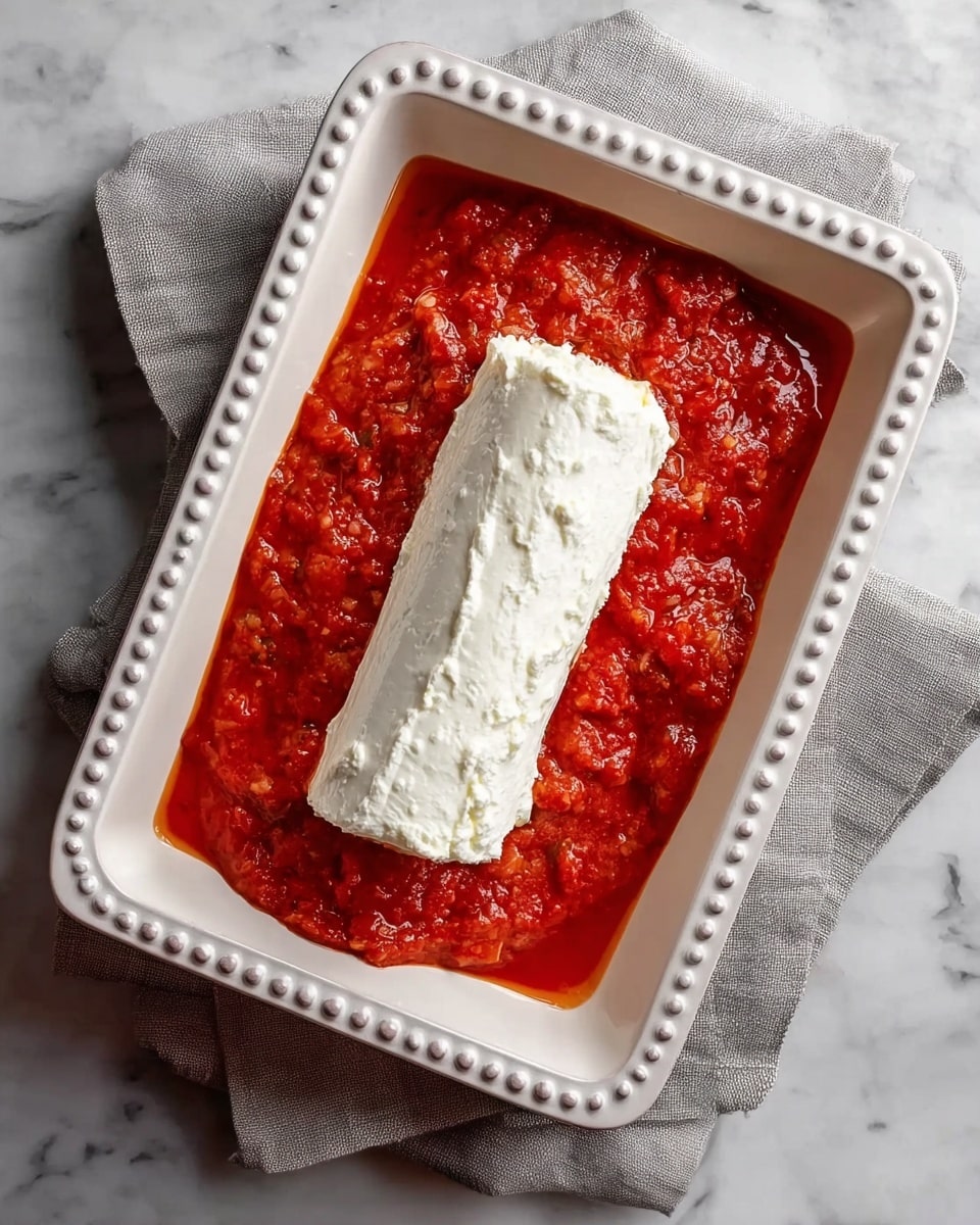 A white rectangular dish with a beaded edge sits on a light grey cloth over a white marbled surface. Inside the dish is a thick layer of chunky red tomato sauce, evenly spread to cover the bottom. In the center, placed lengthwise, is a single thick log of white cream cheese with a smooth texture and slightly uneven surface. The bright red tomato sauce contrasts vividly with the smooth white cream cheese, creating a clear visual distinction between the two layers. photo taken with an iphone --ar 4:5 --v 7
