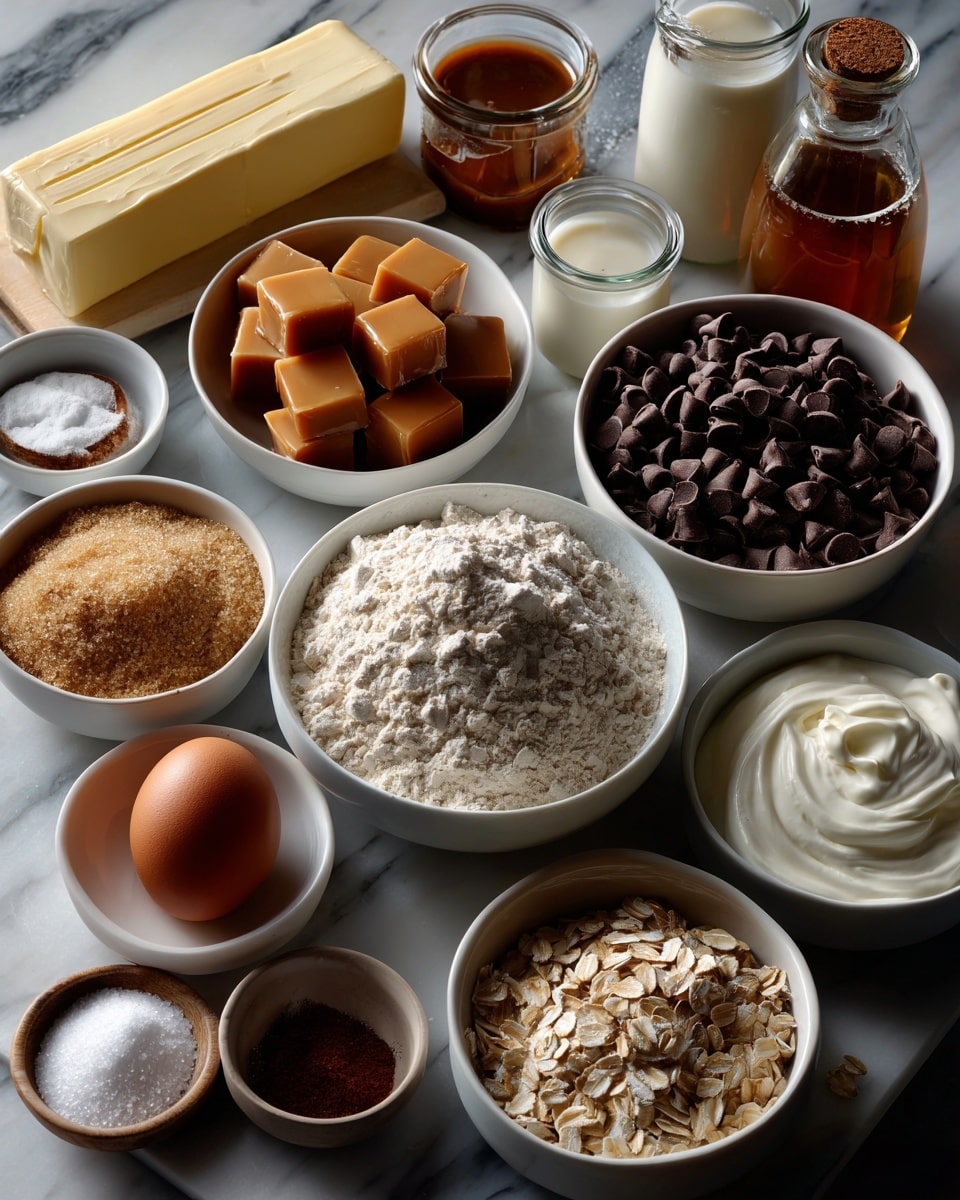 The image shows an arrangement of baking ingredients on a white marbled surface. There are various white bowls and containers: a small white bowl with caramel cubes sits in the top center, a white bowl filled with semi-sweet chocolate chips to the right of caramel, and a white bowl of old-fashioned oatmeal below the caramel. In the middle is a white bowl holding all-purpose flour. Nearby, there are small white bowls each with granulated sugar and light brown sugar. A stick of salted butter rests above the flour bowl. Surrounding these are a brown cinnamon jar, an egg, a vanilla extract bottle, salt, baking powder, and baking soda boxes. A small container of heavy cream is placed near the chocolate chips. Photo taken with an iphone --ar 4:5 --v 7