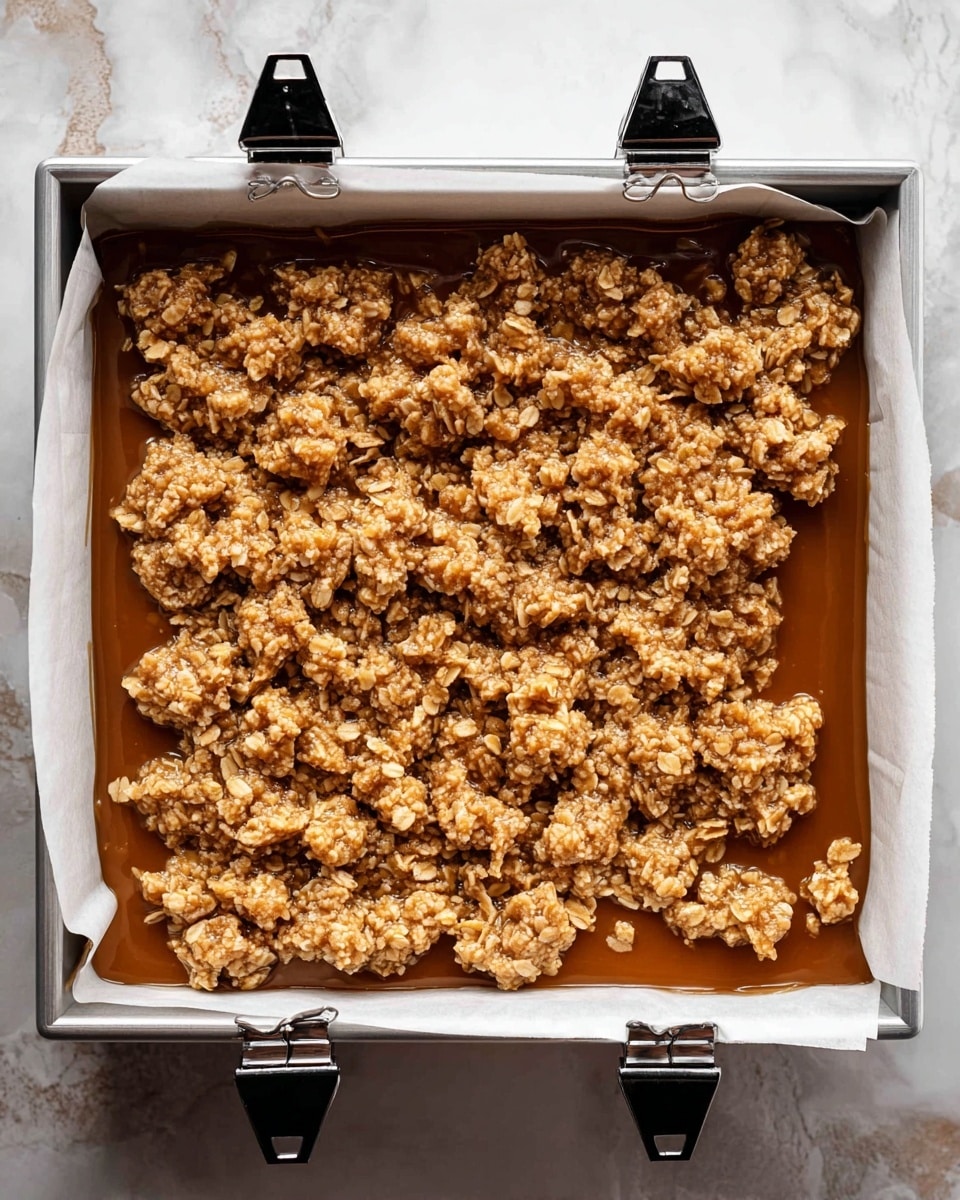 A square white pan lined with white parchment paper is filled with a dessert made of two distinct layers; the bottom layer is a smooth, shiny, and rich caramel brown color, while the top layer consists of uneven rough clusters of a light tan oat mixture spread loosely across the caramel. The pan is clipped at four sides with black binder clips, and the whole setup rests on a white marbled surface. photo taken with an iphone --ar 4:5 --v 7