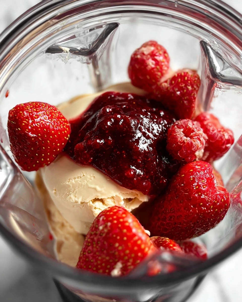 Inside a clear blender jar, close up view shows three main layers: at the bottom, smooth beige ice cream with creamy texture; above it, bright red whole strawberries with dotted surfaces and fresh look; on top, thick, shiny dark red strawberry jam with a slightly lumpy texture. The background is a white marbled surface. photo taken with an iphone --ar 4:5 --v 7