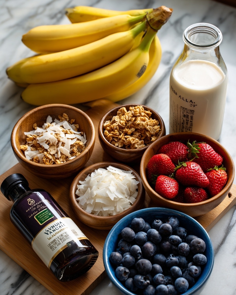 A white marbled surface displays several ingredients for a smoothie or bowl. On the left, three bright yellow frozen bananas lie in a cluster. Next to them is a dark brown bottle of vanilla extract with a green and white label. In the center stands a carton of unsweetened vanilla almond milk, mostly white and blue with images of almonds. Below the carton are two small wooden bowls; one filled with light brown granola clusters and the other with white coconut flakes. To the right, two beige bags with colorful labels hold frozen berries—one bag labeled frozen blueberries and the other frozen strawberries. Finally, a blue bowl at the bottom contains plump dark blueberries. Photo taken with an iphone --ar 4:5 --v 7