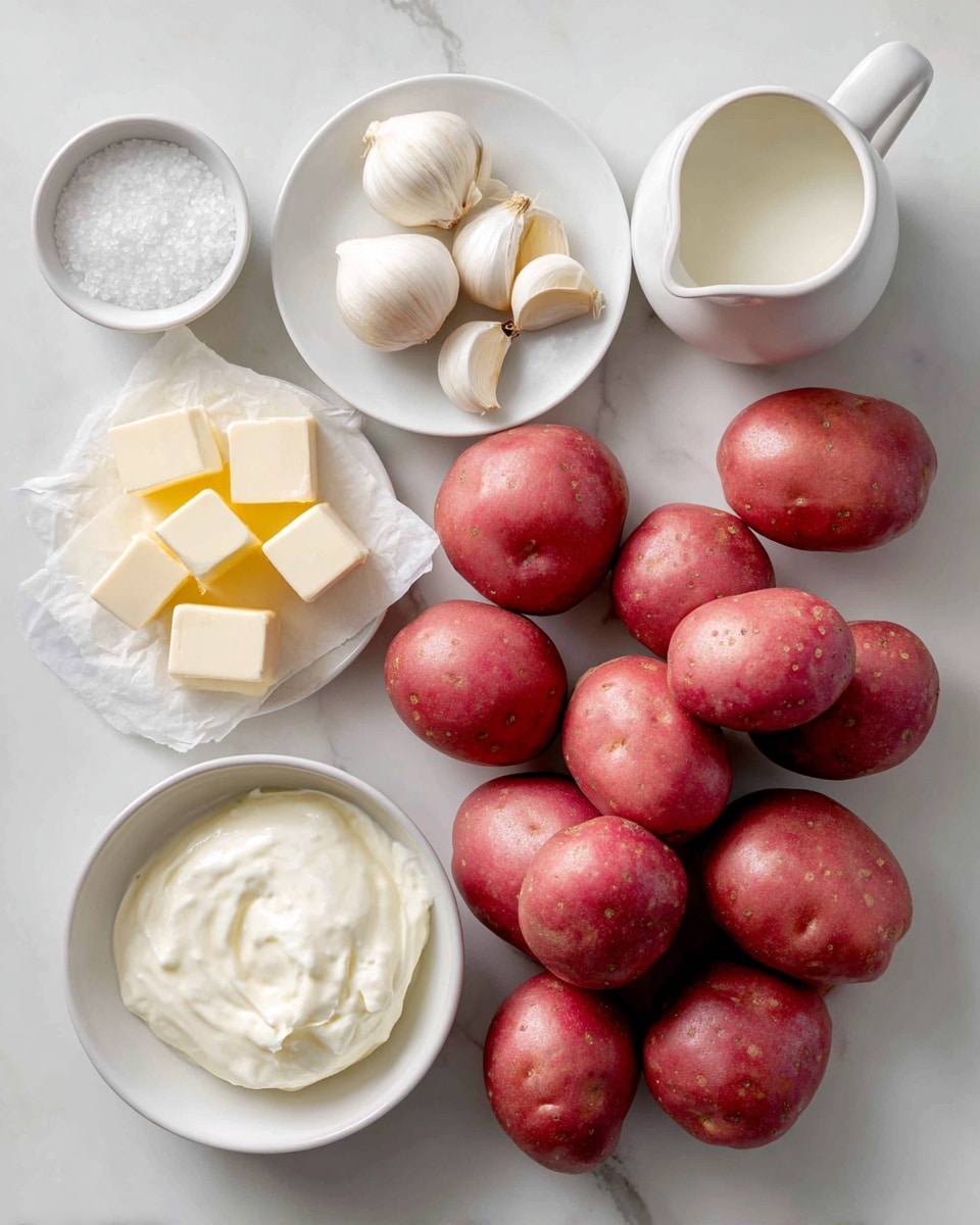 The image shows ingredients for a recipe laid out on a white marbled surface. At the bottom, there are many red potatoes with smooth, round shapes and reddish skin. Above the potatoes, in the center, there is a small white plate with five whole garlic cloves. To the right of the garlic is a small white bowl filled with creamy white Greek yogurt. Next to the garlic on the left, a few cubes of pale yellow butter rest on a white square wrapper. Above the potatoes to the left, a small white dish holds coarse white sea salt. In the top center, there is a small white pitcher filled with half & half cream. All items are arranged neatly with clear labels in black text on white boxes above or beside each ingredient. photo taken with an iphone --ar 4:5 --v 7
