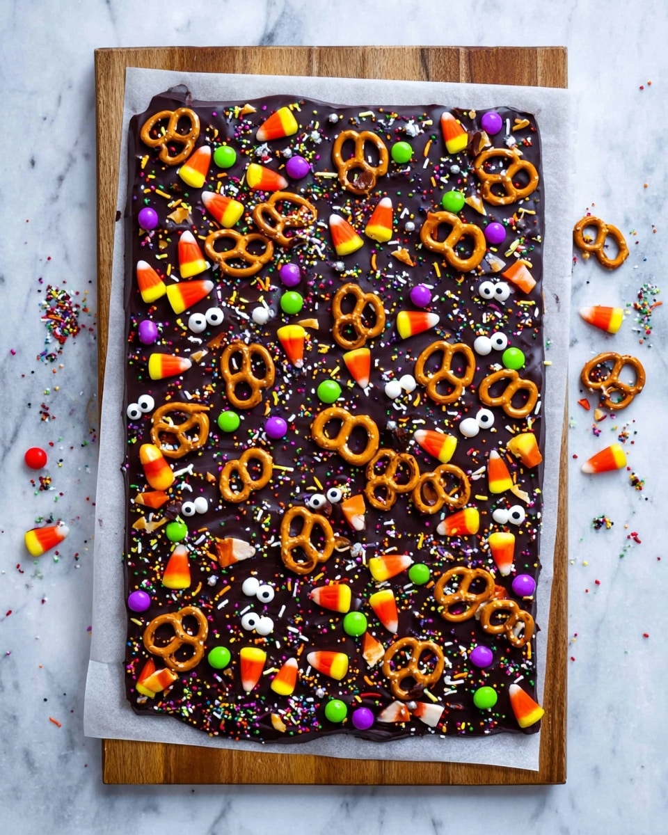 The image shows a flat rectangular slab of dark chocolate bark placed on white parchment paper over a wooden board, set on a white marbled surface. The chocolate layer is thick and smooth with a glossy finish, fully covered by a mix of colorful toppings: orange, yellow, and white candy corn pieces scattered evenly; small round candies in bright red, yellow, green, and purple; crunchy pretzels with a golden-brown texture placed randomly and some decorated with small white candy eyes; and various sprinkles in black, orange, green, and purple colors spread across the surface. The bright decorations create a playful and festive look, making the chocolate bark visually rich and inviting. photo taken with an iphone --ar 4:5 --v 7
