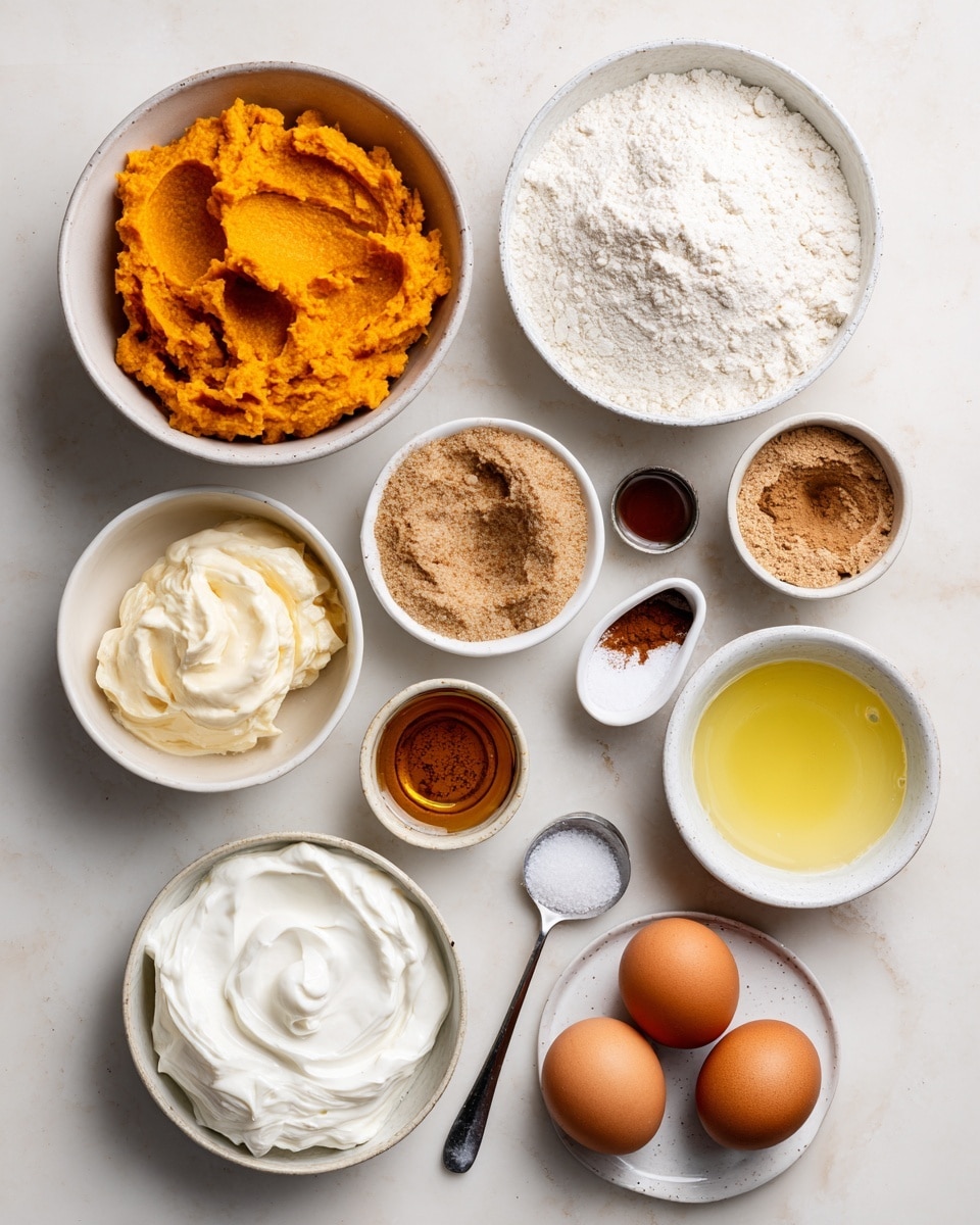 The image shows eleven white bowls and small white plates filled with different baking ingredients arranged neatly on a white marbled surface. At the top left is a bowl with bright orange pumpkin puree. To its right sits a larger bowl filled with white flour. Below the pumpkin is a bowl containing pale applesauce with a smooth texture. Next to it is a small white bowl with light brown cinnamon powder, followed by a tiny bowl holding pumpkin pie spice with a darker brown color. Below these spices, there is a small round white bowl with golden maple syrup. To the right of this is a bowl filled with granulated brown sugar that has a grainy texture. Next to the sugar is a small bowl filled with golden oil. Beside that, a large bowl contains thick, creamy white Greek yogurt. At the bottom right, there are two brown eggs on a small white plate, next to a heap of white baking soda powder and a metal spoon holding white sea salt. Lastly, a small metal measuring spoon contains dark brown vanilla extract, placed near the eggs and salts. All the items are organized clearly and evenly spaced. Photo taken with an iphone --ar 4:5 --v 7