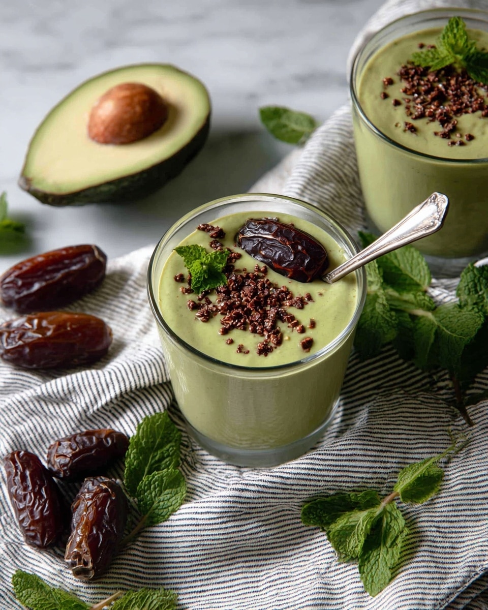 Two glasses filled with light green creamy smoothie, each glass dense and smooth textured. One glass shows a silver spoon resting inside with a dark brown date fruit hanging on the edge. The top of that glass is sprinkled with small, dark brown crunchy bits. Around the glasses, there are several whole dark brown dates and a white cloth with black stripes. A halved avocado with a large brown seed lies nearby on the cloth. Fresh green mint leaves add contrast on the cloth’s surface. The background is a white marbled texture photo taken with an iphone --ar 4:5 --v 7
