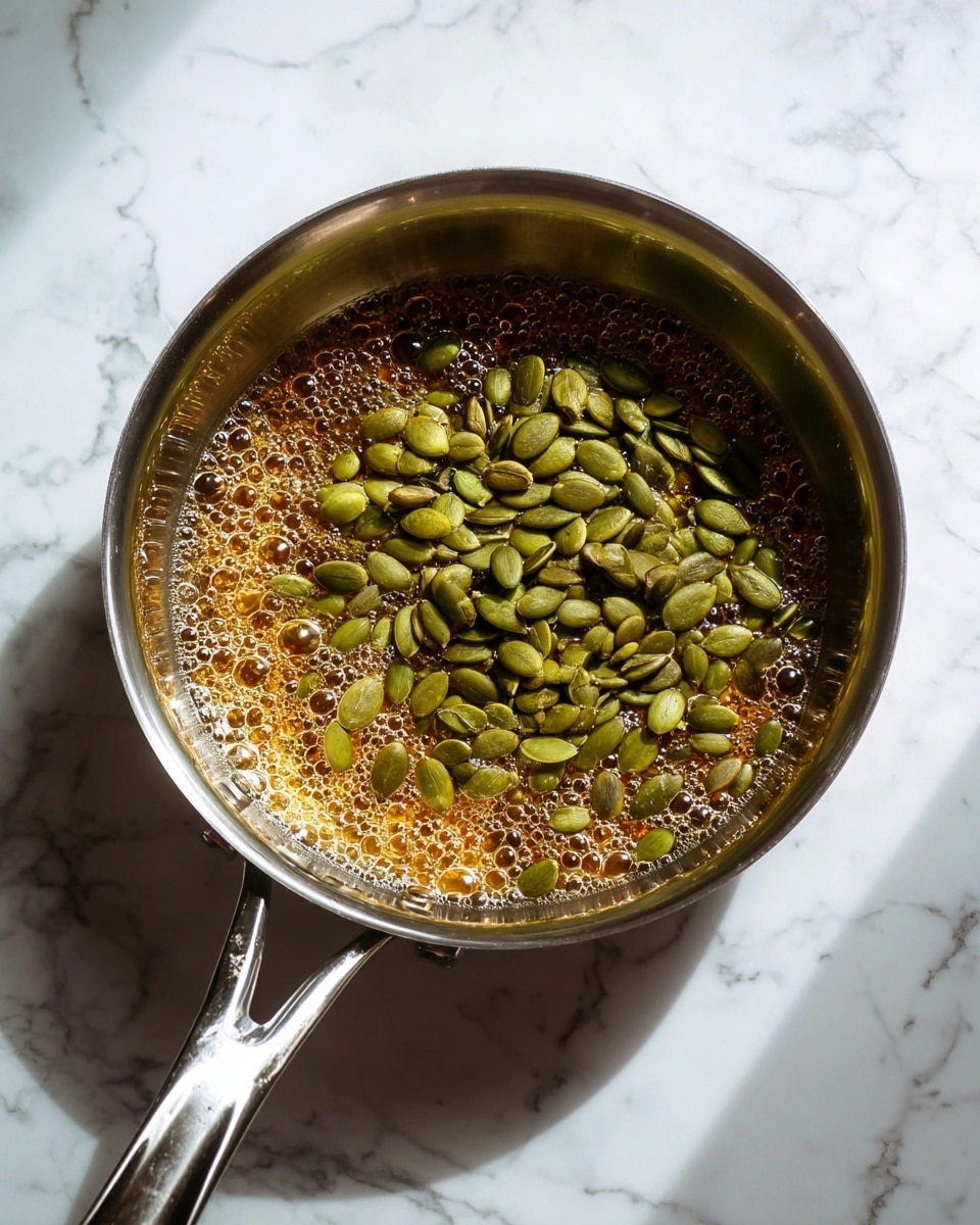 A shiny steel pan with a long handle sits on a white marbled surface, filled halfway with bubbling golden brown liquid. On top of the liquid, there is a cluster of green pumpkin seeds, some overlapping, showing a mix of light and dark green shades with smooth, slightly shiny textures. The bubbles in the liquid create a lively, textured contrast to the smoothness of the seeds, all viewed from a top-down angle. photo taken with an iphone --ar 4:5 --v 7