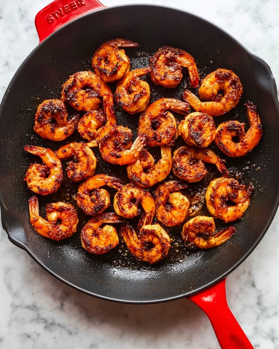 This image shows a black skillet with a red handle, filled with cooked shrimp. There are about 18 shrimp, evenly spread across the skillet, each curled and covered in a dark, spicy-looking seasoning. The shrimp have a reddish-orange color with some blackened spots from cooking. The skillet is placed on a white marbled surface, highlighting the colors of the shrimp and the pan. The red handle of the skillet adds a strong color contrast. photo taken with an iphone --ar 4:5 --v 7