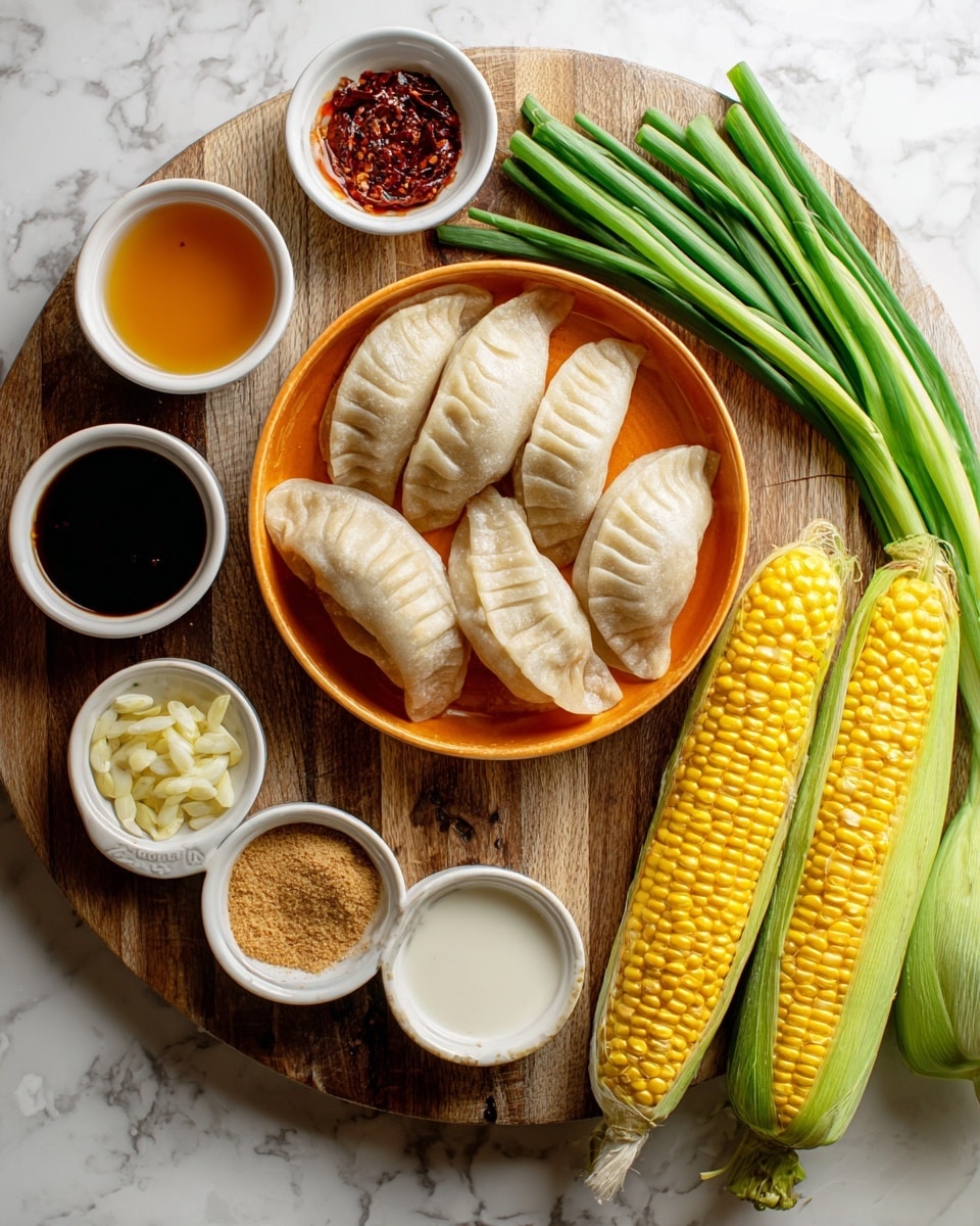 The image shows a wooden board placed on a white marbled surface, filled with various cooking ingredients. In the center, there is a round orange pot holding six frozen potstickers, which are pale beige with a slightly frosty texture. On the left side, there are small white bowls with different liquids and spices: a clear brown fish sauce, a light orange broth, and white coconut milk with a smooth surface, along with small containers of dark red chili crisp, white vinegar, sliced white garlic, and minced light brown ginger. On the right side of the potstickers, fresh corn ears with bright yellow and white kernels and green husks are placed next to three long, vibrant green scallions. Everything is neatly arranged on the wooden board, creating a colorful and textured visual display of ingredients. photo taken with an iphone --ar 4:5 --v 7