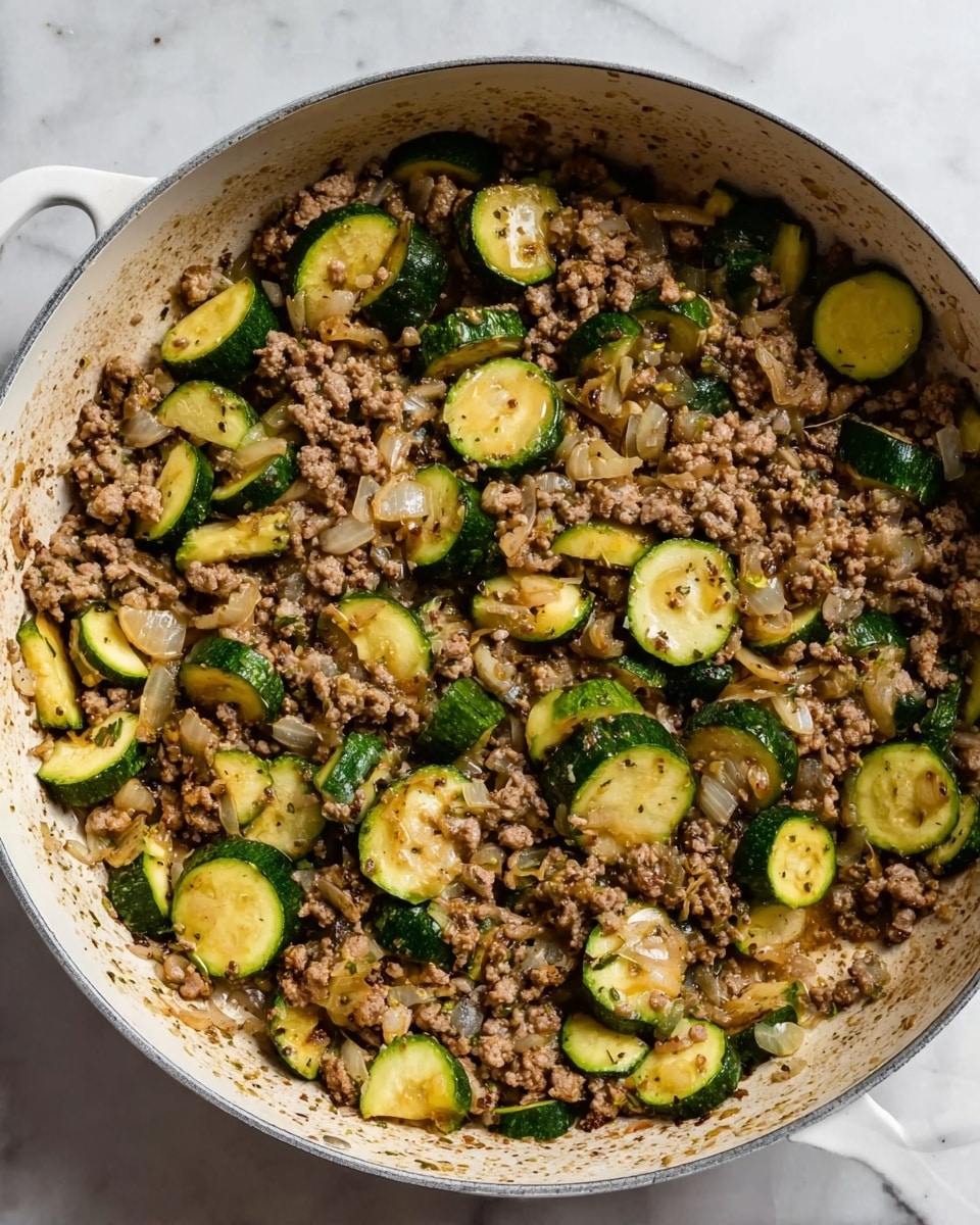 A close-up of a large white pan sitting on a white marbled surface. Inside the pan, there is a mix of cooked ground meat, small green zucchini slices with light searing marks, and translucent cooked chopped onions. The ingredients are mixed evenly, showing a mix of brown, green, and light yellow colors with a slightly oily texture. The pan has two small handles on the sides. photo taken with an iphone --ar 4:5 --v 7
