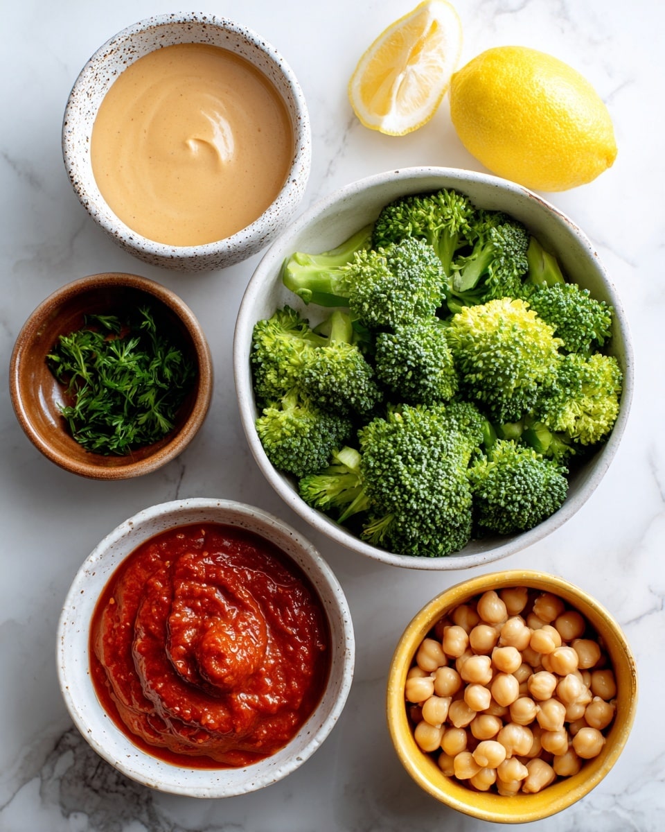 The image shows six bowls of different foods on a white marbled surface. In the center is a large white bowl filled with green broccoli florets. Above it, slightly to the left, is a white speckled bowl with a creamy pale brown sauce. To the left of this sauce bowl is a small brown bowl filled with green parsley leaves, next to a half lemon with its inside facing up. Below the parsley bowl is a small white bowl filled with bright red crushed tomatoes. To the right of the creamy sauce bowl is a small white bowl filled with thick, bright red harissa paste. On the far right is a yellow bowl filled with round, light beige chickpeas. All bowls and food are neatly arranged and evenly lit. photo taken with an iphone --ar 4:5 --v 7