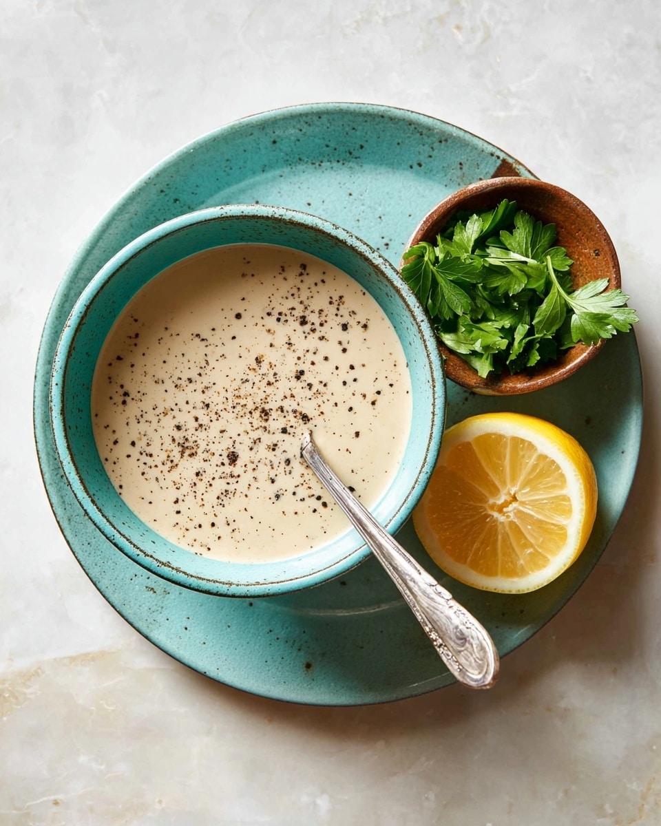 A speckled turquoise bowl filled with light beige creamy sauce, topped with black pepper, has a vintage silver spoon resting inside it; the bowl sits on a large white plate with a smooth surface. On the plate next to the bowl, there is a small brown bowl with green fresh parsley leaves and a bright yellow lemon half with visible juicy texture. The whole setup is placed on a white marbled surface. photo taken with an iphone --ar 4:5 --v 7