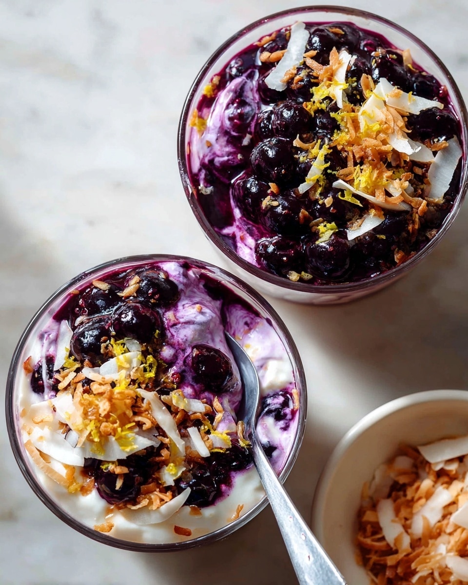 Two clear cups sit on a white marbled surface, each filled with a purple and white creamy mixture that looks like a berry yogurt or pudding. The top layer is dark purple, made of whole cooked berries that shine with juice, garnished with golden and white toasted shredded coconut along with small yellow zest pieces. One cup has a silver spoon inside, partially mixing the creamy purple and white layers beneath the berry topping, creating a swirled texture. In the bottom right corner, a small white bowl with more toasted coconut is partially visible. Photo taken with an iphone --ar 4:5 --v 7
