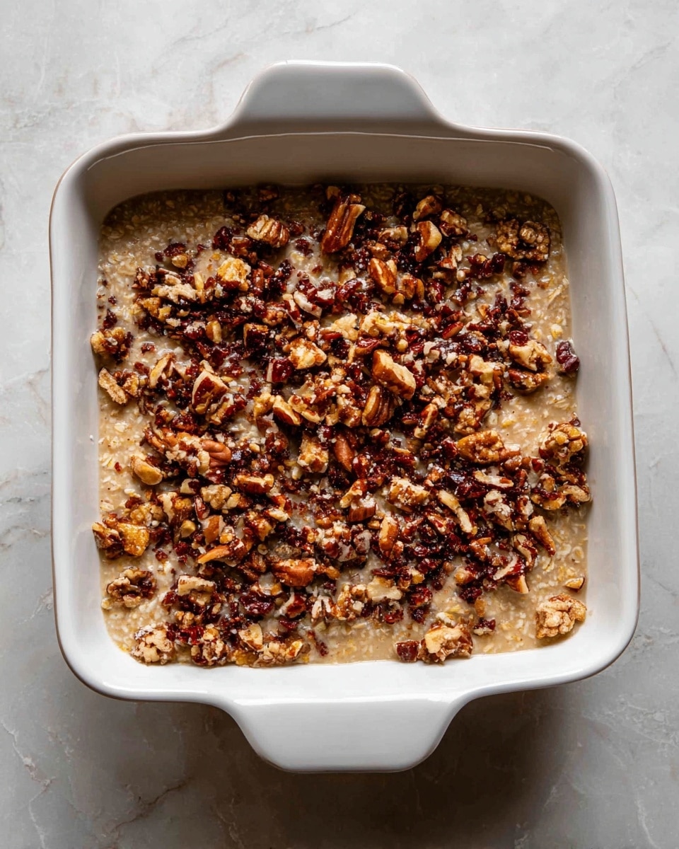 The image shows a white square baking dish filled with a mix of ingredients. The bottom layer is light brown and creamy, slightly lumpy with some visible oats or grains. On top, there is a scattered layer of chopped nuts that are dark brown and roasted, mixed with chunks of crumbly brown pieces, giving the surface a rough and textured look. The dish sits on a white marbled surface. photo taken with an iphone --ar 4:5 --v 7