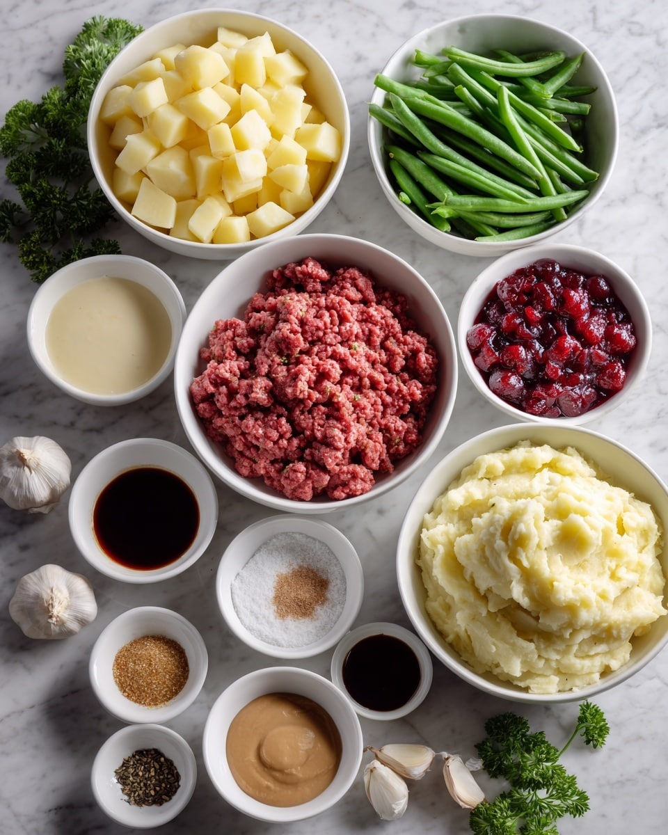 The image shows multiple white bowls arranged on a white marbled surface, each filled with different ingredients. There are diced pale yellow potatoes in one bowl at the top left, and fresh cut green beans in the bowl to its right. Below, there is a bowl with raw ground meat, deep red in color, and beside it, mashed potatoes with a creamy texture. Smaller white bowls hold various ingredients such as dark brown sauce, lighter brown mustard, soy sauce, cream, a mixture of salt and black pepper, and a small bowl of whole cranberry sauce with bright red berries. There are also garlic cloves and green parsley leaves placed near the bowls for decoration. Photo taken with an iphone --ar 4:5 --v 7