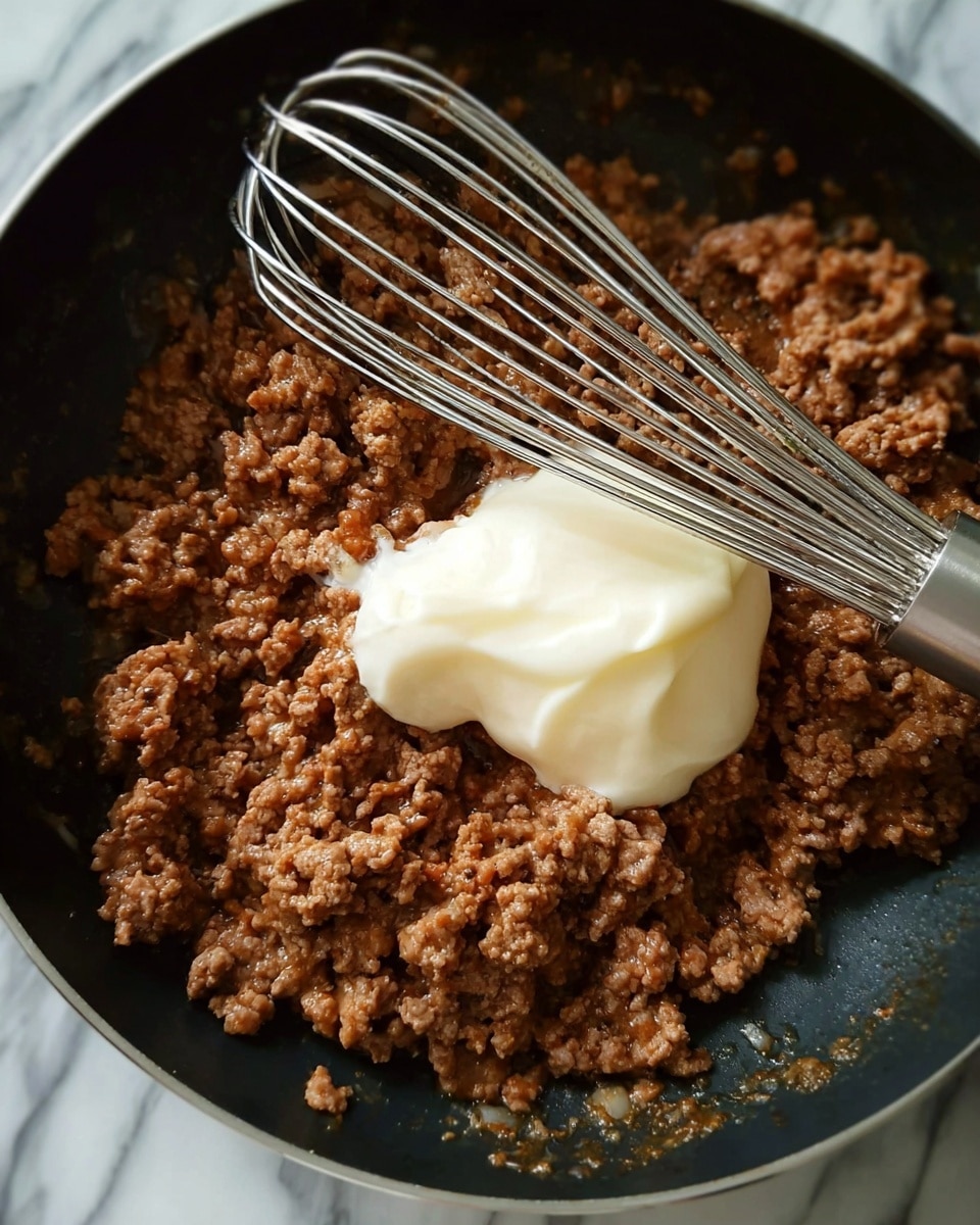 A close-up view of cooked ground meat with a brown, slightly crumbly texture spread across a black pan surface. In the center, there is a single smooth dollop of white creamy substance on top of the meat. A shiny silver metal whisk is resting on the meat, with its wires slightly embedded in the mixture, angled diagonally from the top right toward the center. The whole scene is shown on a white marbled surface. photo taken with an iphone --ar 4:5 --v 7