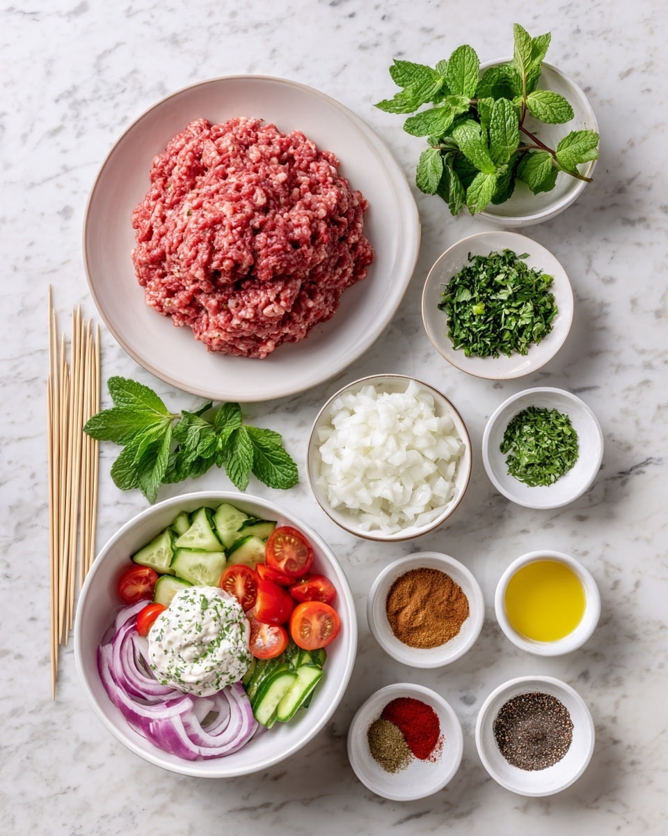 The image shows a flat lay of various ingredients arranged neatly on a white marbled surface. At the center bottom is a white bowl with a fresh salad of cherry tomato halves, thin slices of red onion, and cucumber, topped with herbs and a dollop of creamy sauce. Above it is a large white plate holding a mound of raw ground meat. Surrounding these main pieces are small white bowls containing chopped onions, chopped herbs, a thick white sauce, melted butter, and five different spices of various colors including red, brown, and black. Wooden skewers lay to the left of the salad bowl alongside fresh mint leaves. All items are evenly spaced and presented clearly. Photo taken with an iphone --ar 4:5 --v 7