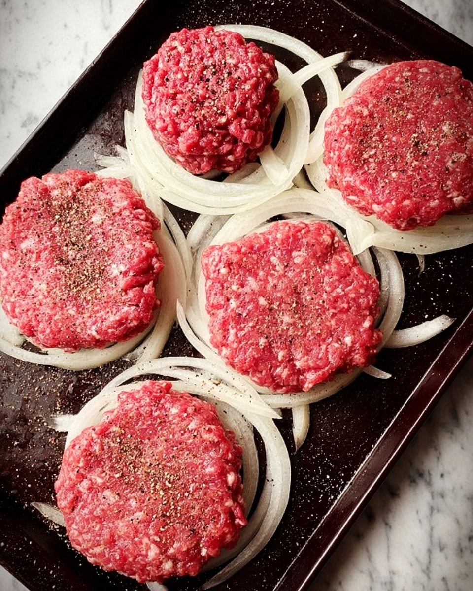The image shows five raw patties of ground beef placed on a dark baking tray. Each patty sits on a bed of thin, translucent, sliced onions arranged in a circular shape underneath. The patties vary in size, with one small round patty in the center and four larger patties around it. The surface of the patties is speckled with coarse black pepper for seasoning. The dark baking tray contrasts with the red color of the meat and the pale white onions beneath. The scene is set against a white marbled texture. Photo taken with an iphone --ar 4:5 --v 7