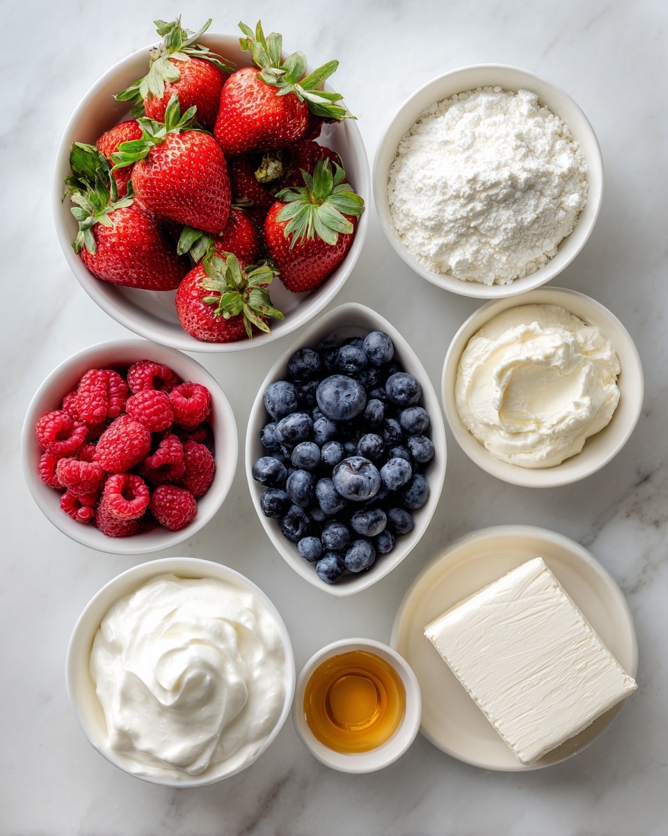 A top view of seven white bowls and a silver wrapped cream cheese package on a white marbled surface; the top center bowl holds bright red strawberries with green leaves, below it left is a bowl with round blue blueberries, to the right a bowl with red raspberries, below on the left a bowl with soft white whipped topping, to its right a bowl filled with fluffy white powdered sugar, next to it a small bowl of pale cream heavy cream, and below all a small bowl of golden vanilla extract, the silver wrapped cream cheese is placed at the bottom right corner photo taken with an iphone --ar 4:5 --v 7