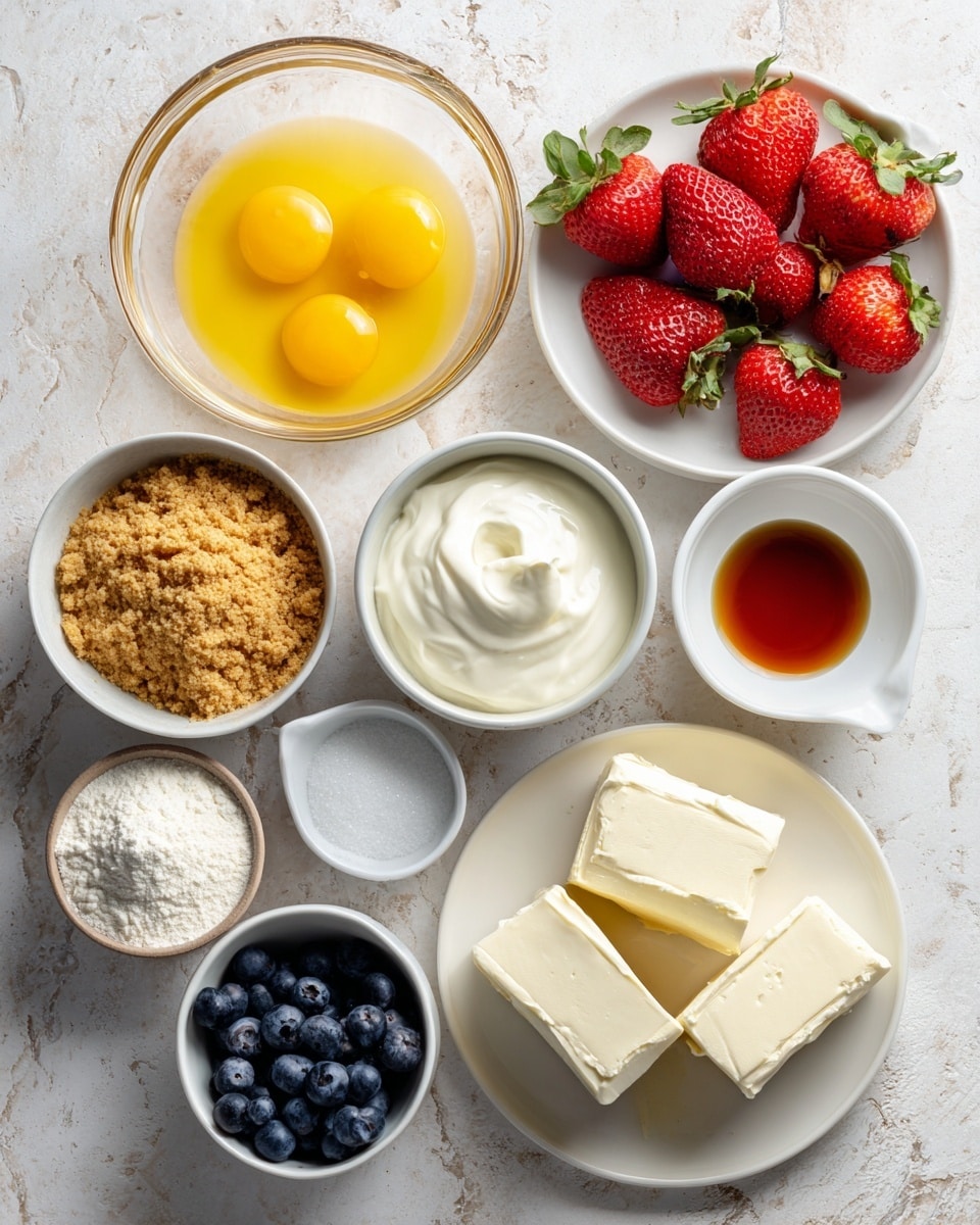 The image shows a clean white marbled surface with various ingredients arranged neatly. At the center, there is a clear glass bowl with lightly beaten yellow eggs. Below this, a white bowl contains crushed light brown graham crackers. To the left, a small white bowl holds melted pale yellow butter, next to a bowl of thick white sour cream. Two separate clear bowls contain white sugar, one near the center and another near the right side. There are three wrapped cream cheese bricks placed near the sugar bowl on the right. At the top right, two clear containers hold fresh bright red strawberries and deep blue blueberries. On the far left, a small white dish with golden brown vanilla extract is placed close to a tiny white bowl of salt. All items are evenly spaced for clarity. Photo taken with an iphone --ar 4:5 --v 7