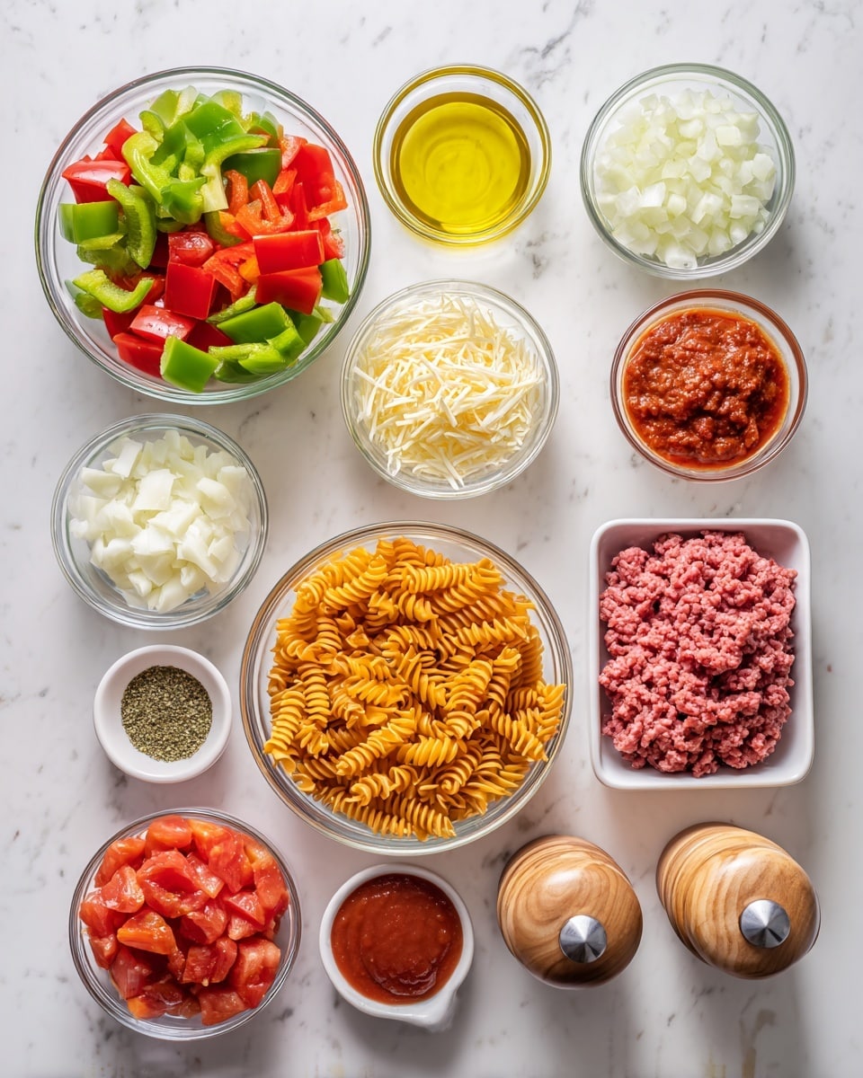 The image shows an overhead view of various ingredients arranged neatly on a white marbled surface. There are eleven bowls and containers holding different ingredients: one large transparent bowl with bright green and red bell peppers diced into chunks, a small white bowl of finely chopped white onion, a small transparent bowl of clear yellow olive oil, a transparent bowl of shredded cheese, a small white bowl of minced garlic, a white bowl filled with uncooked corkscrew-shaped rotini pasta in light orange color, a small white bowl of deep red tomato paste, a medium transparent bowl with bright red fire-roasted diced tomatoes, a transparent bowl with smooth red tomato sauce, a white tray holding pink ground beef, and two wooden pepper and salt grinders. There is also a tiny white bowl with dry Italian seasoning consisting of green herbs, placed near the pepper and salt grinders. All ingredients are cleanly displayed, emphasizing their natural colors and textures in a visually organized layout. Photo taken with an iphone --ar 4:5 --v 7