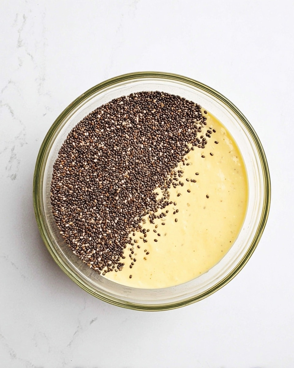 A clear glass bowl sits on a white marbled surface, filled with two layers. The bottom layer is a smooth, light yellow creamy mixture filling most of the bowl. On top, there is a thick spread of small, dark brown and black chia seeds mainly covering one side of the creamy layer, with some seeds scattered slightly beyond the bowl on the surface. The overall look is simple and clean with contrasting colors between the creamy yellow and dark chia seeds. photo taken with an iphone --ar 4:5 --v 7