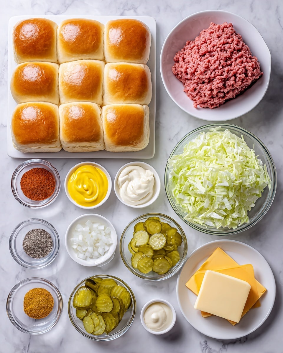 A group of ingredients is shown on a white marbled surface, each in white bowls or clear glass containers. In the top left is a block of golden-brown Hawaiian rolls with soft, smooth tops grouped in a square shape. To the right, a white bowl holds fresh, pinkish-red ground beef with a coarse texture. Below it are smaller white bowls with bright yellow mustard, diced white onion, and creamy, off-white mayonnaise. There is a clear glass bowl filled with light green shredded iceberg lettuce and a white bowl with layered bright green dill pickle slices. Another white bowl holds chunky sun-yellow pickled relish. In the bottom left, white saucers contain a variety of spices: deep red paprika, light yellow powder, white sesame seeds, black and white mixed pepper salt, pale onion powder, and light garlic powder. Near the bottom right are two yellow cheese slices stacked, and a pale yellow stick of unsalted butter with blue writing sits nearby. A small white bowl contains clear white vinegar. Everything is spread neatly with clear labels. Photo taken with an iphone --ar 4:5 --v 7