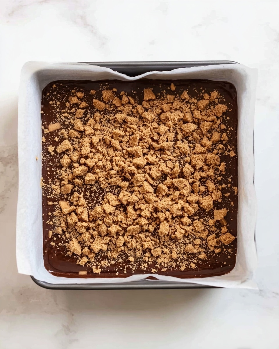 The image shows a square baking pan lined with white parchment paper filled with a dark brown chocolate batter layer evenly spread inside. On top of this thick base, there is a layer of light brown crushed cookie pieces scattered all over, adding a rough, crunchy texture contrast to the smooth chocolate layer underneath. The pan is placed on a white marbled surface, and no utensils or hands are visible in the image. Photo taken with an iphone --ar 4:5 --v 7