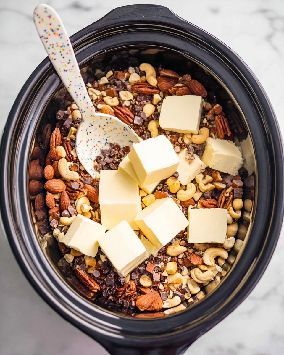 Inside a black slow cooker, there is a base layer made of mixed nuts including cashews, almonds, pecans, and peanuts, along with some small chocolate and butterscotch chips scattered throughout. On top of this nut and chip layer, slices and blocks of creamy white butter are placed unevenly around the pot. A white spoon with colorful speckles is resting inside the cooker, partially buried in the nut mixture. The whole scene is set on a white marbled surface. photo taken with an iphone --ar 4:5 --v 7