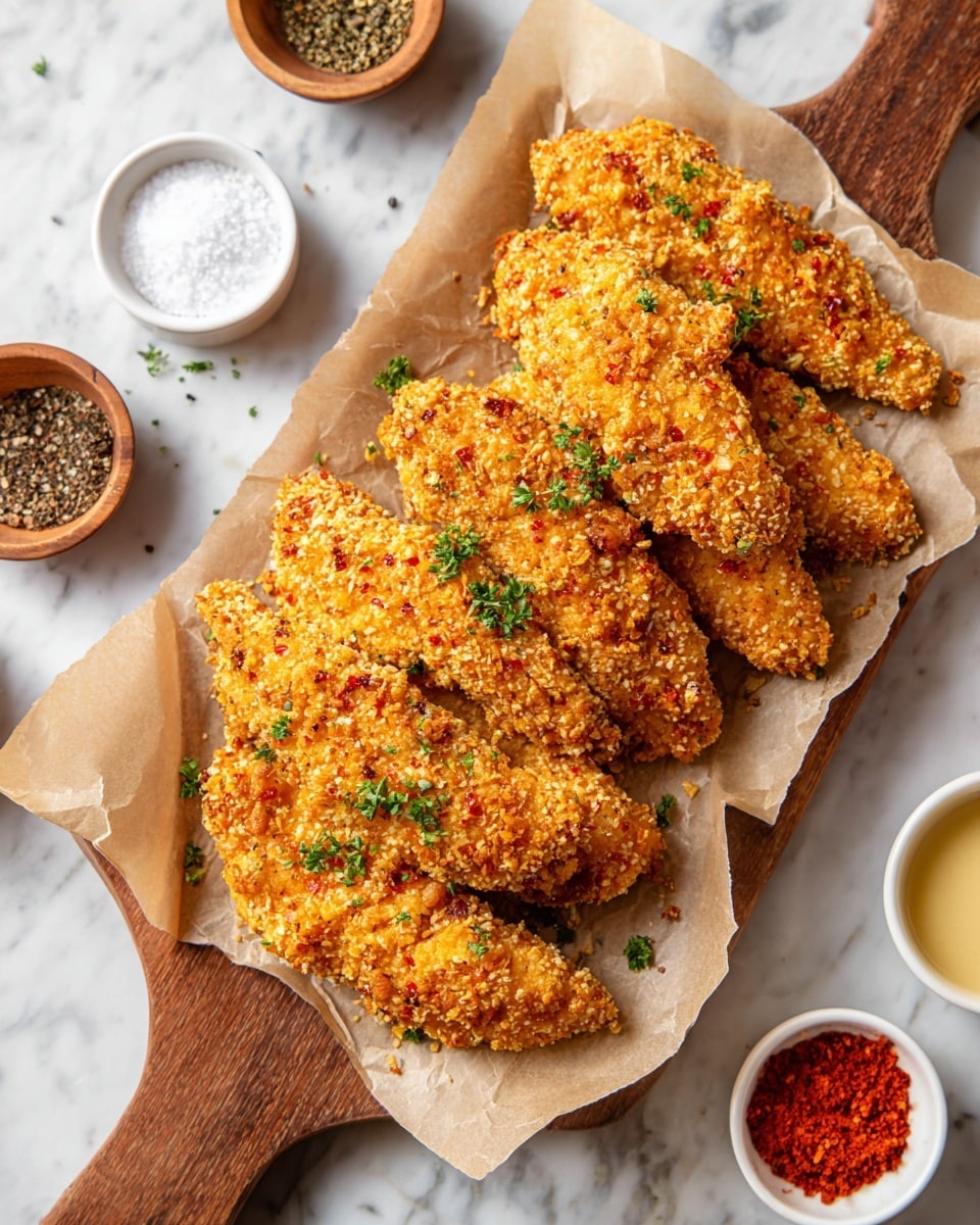 A wooden board holds a layer of crinkled beige parchment paper topped with seven golden-brown fried chicken tenders, each coated in a crunchy, textured crust made from crushed flakes with hints of orange and yellow. Small green parsley leaves are sprinkled on top for color contrast. Around the board, small white dishes and wooden bowls hold various spices like black pepper, dried herbs, and bright red powder, all set on a white marbled surface. Photo taken with an iphone --ar 4:5 --v 7