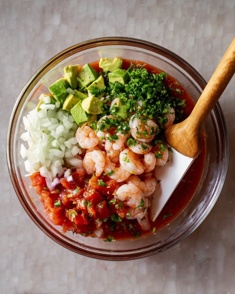 A clear glass bowl filled with five distinct layers arranged side by side: small white chopped onions at the bottom left, green diced avocado next to it, bright red diced tomatoes above the avocado, pink cooked shrimp above the tomatoes, and finely chopped green herbs on the right. There is a pool of red sauce covering the bottom around the layers. A white spatula with a wooden handle rests inside the bowl, standing upright. The bowl is placed on a white marbled surface. photo taken with an iphone --ar 4:5 --v 7