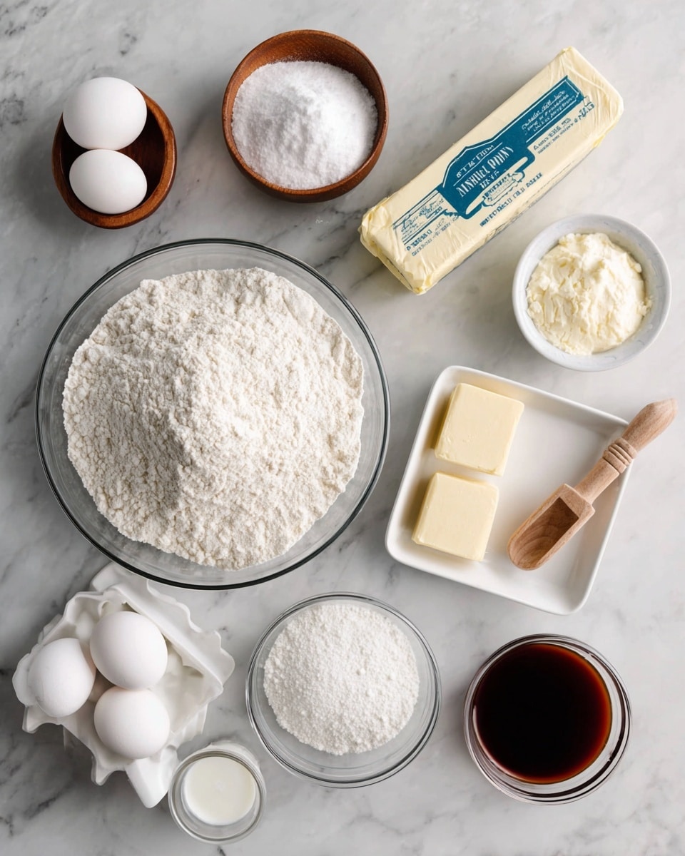 The image shows several baking ingredients on a white marbled surface. There is a large clear glass bowl filled with white flour at the bottom center. Above it, a smaller clear glass bowl holds white powdered sugar. To the right of the powdered sugar bowl is a white square dish with granulated white sugar and a small wooden scoop resting inside. Next to it is a wrapped stick of unsalted butter in yellow and blue paper. At the top left, a small wooden bowl contains a white powder, likely baking powder. Below it, a small clear glass bowl holds a creamy white solid, possibly shortening. Near the center left, there is a white egg tray holding four whole white eggs. At the bottom left, a small clear glass cup contains a white liquid, likely milk. Finally, at the bottom right, a small white bowl is filled with dark brown vanilla extract. All items are neatly arranged and evenly spaced. Photo taken with an iphone --ar 4:5 --v 7