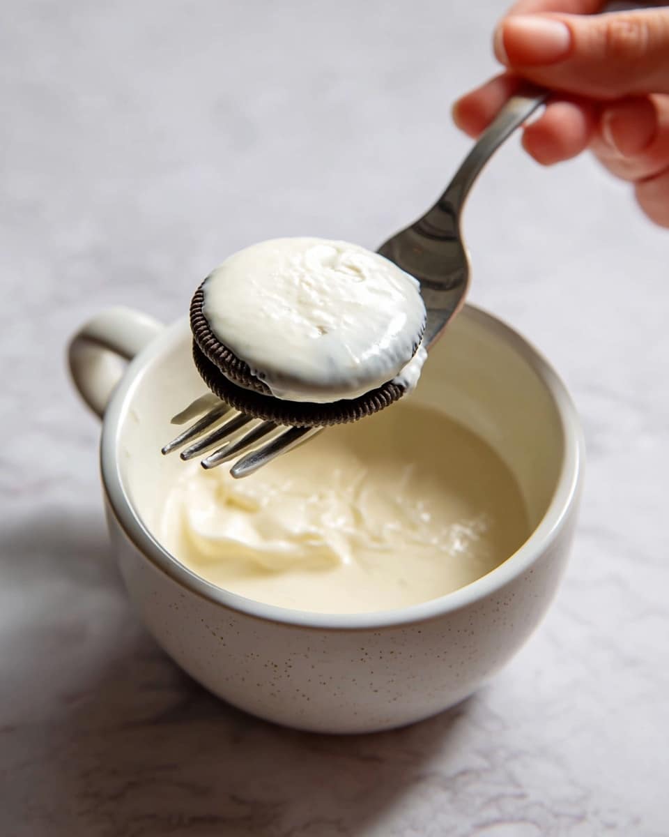 A close-up image shows a white ceramic cup filled with thick white sauce. A shiny silver fork holds a round piece of food fully covered in the smooth white sauce, positioned above the cup. A woman's hand gently holds the fork, visible at the bottom of the image. The background has a white marbled texture, complementing the clean and simple look of the dish. photo taken with an iphone --ar 4:5 --v 7