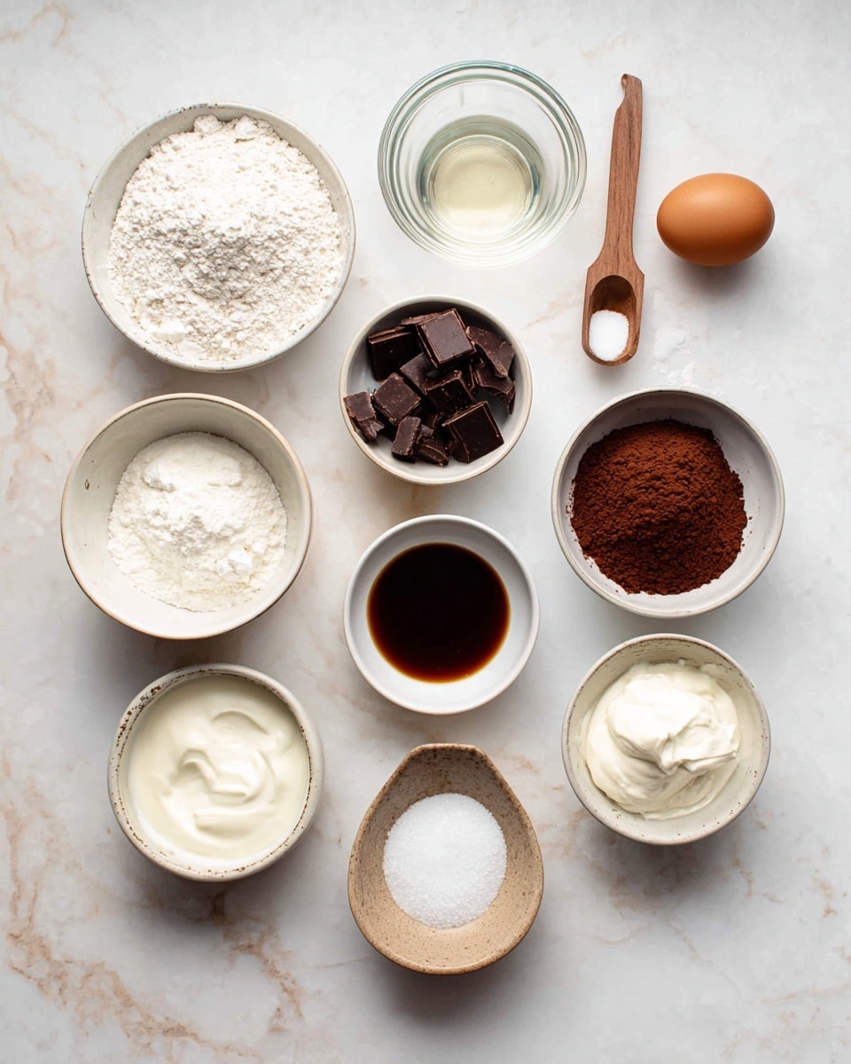 This image shows eleven small white bowls and a single brown egg placed on a white marbled surface. The bowls contain different ingredients: white flour, white sugar, dark cocoa powder, dark chopped chocolate, white sour cream, white yogurt, white cream, two small portions of dark brown vanilla extract in uniquely shaped bowls, and a bowl of salt. One small glass bowl has a clear liquid, and a wooden tablespoon is placed above the cocoa powder bowl. The ingredients are all spread out neatly in a flat lay style. photo taken with an iphone --ar 4:5 --v 7