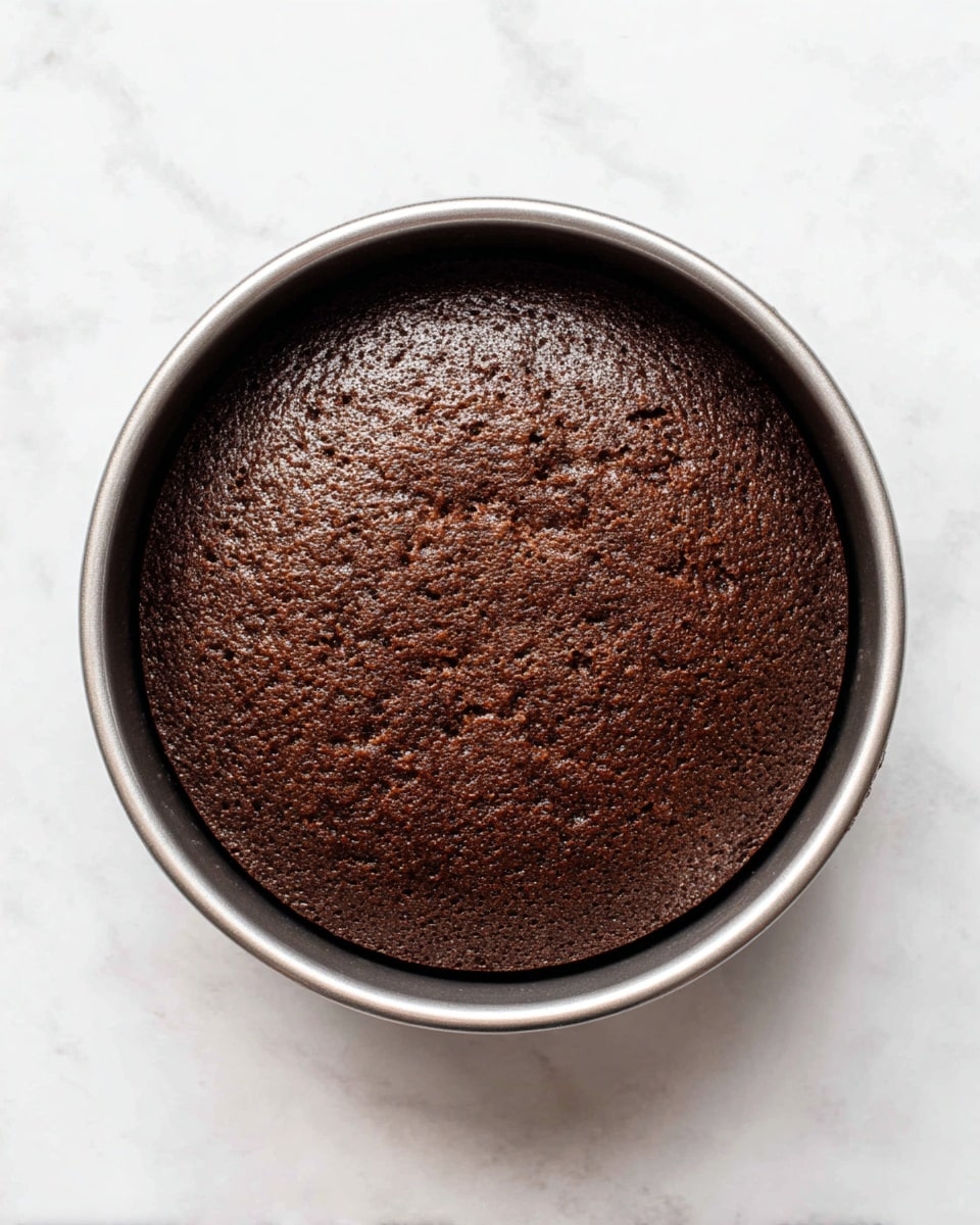 A single round chocolate cake with a cracked, slightly shiny dark brown surface sits inside a silver round cake pan, placed on a white marbled surface. The cake has a rough texture with small cracks and a rich chocolate color covering the entire top. The metal of the pan contrasts softly with the deep brown of the cake. photo taken with an iphone --ar 4:5 --v 7