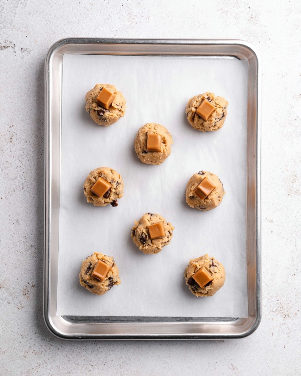 Six cookie dough balls are evenly spaced on white parchment paper laid on a silver baking tray. Each dough ball is light brown with dark chocolate chips mixed inside, and they are topped with three or four square caramel pieces, which are golden brown and slightly shiny, adding a soft texture contrast. The tray rests on a white marbled surface, giving a clean and bright background to the image. Photo taken with an iphone --ar 4:5 --v 7