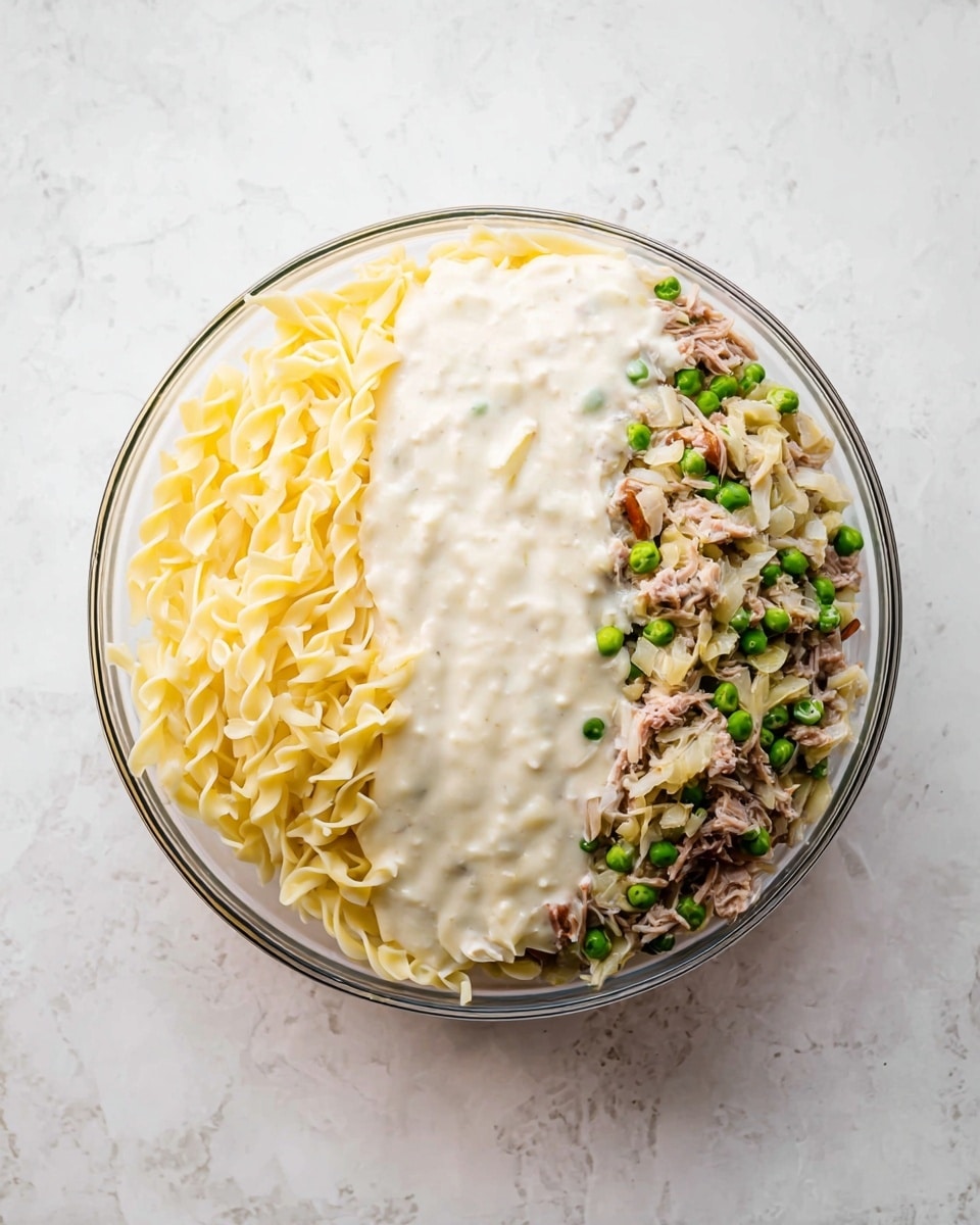 A clear glass bowl on a white marbled surface shows a dish with three layers side by side. On the left is pale yellow cooked egg noodles with a soft texture. In the center, a thick creamy white sauce with a smooth appearance covers part of the other layers. On the right is a mix of small green peas, light brown shredded meat, and finely chopped vegetables, all with a slightly chunky texture. Photo taken with an iphone --ar 4:5 --v 7