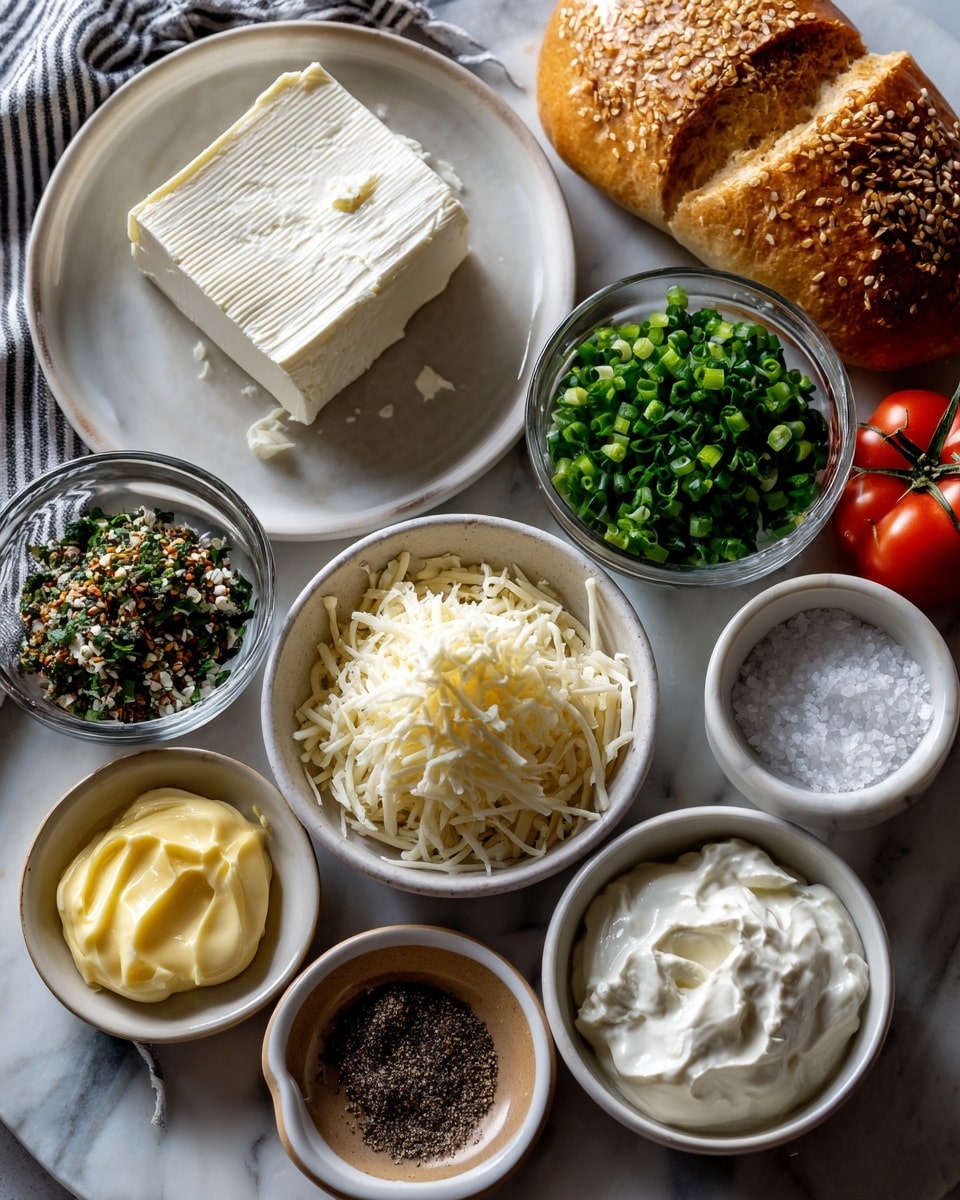 A top view of several small white bowls arranged on a white marbled surface, each filled with different ingredients. There is a large white plate holding a block of smooth, white cream cheese at the top left. Moving clockwise, a small white bowl holds bright green chopped green onions, while another contains light yellow mayonnaise with a creamy texture. Below that, a small bowl of ground black pepper is visible, next to a white bowl filled with pale shredded mozzarella cheese. Continuing around, a small white bowl contains white granules of salt, and nearby is a clear bowl with light yellow lemon juice. Toward the center are two more white bowls, one with off-white grated parmesan cheese and another with thick, white sour cream. A small glass bowl filled with multi-colored everything bagel seasoning - shades of brown, black, and white - is near the top left. A piece of bread and a cherry tomato appear in the top right corner, while the bottom left shows a striped cloth on the marbled surface. photo taken with an iphone --ar 4:5 --v 7