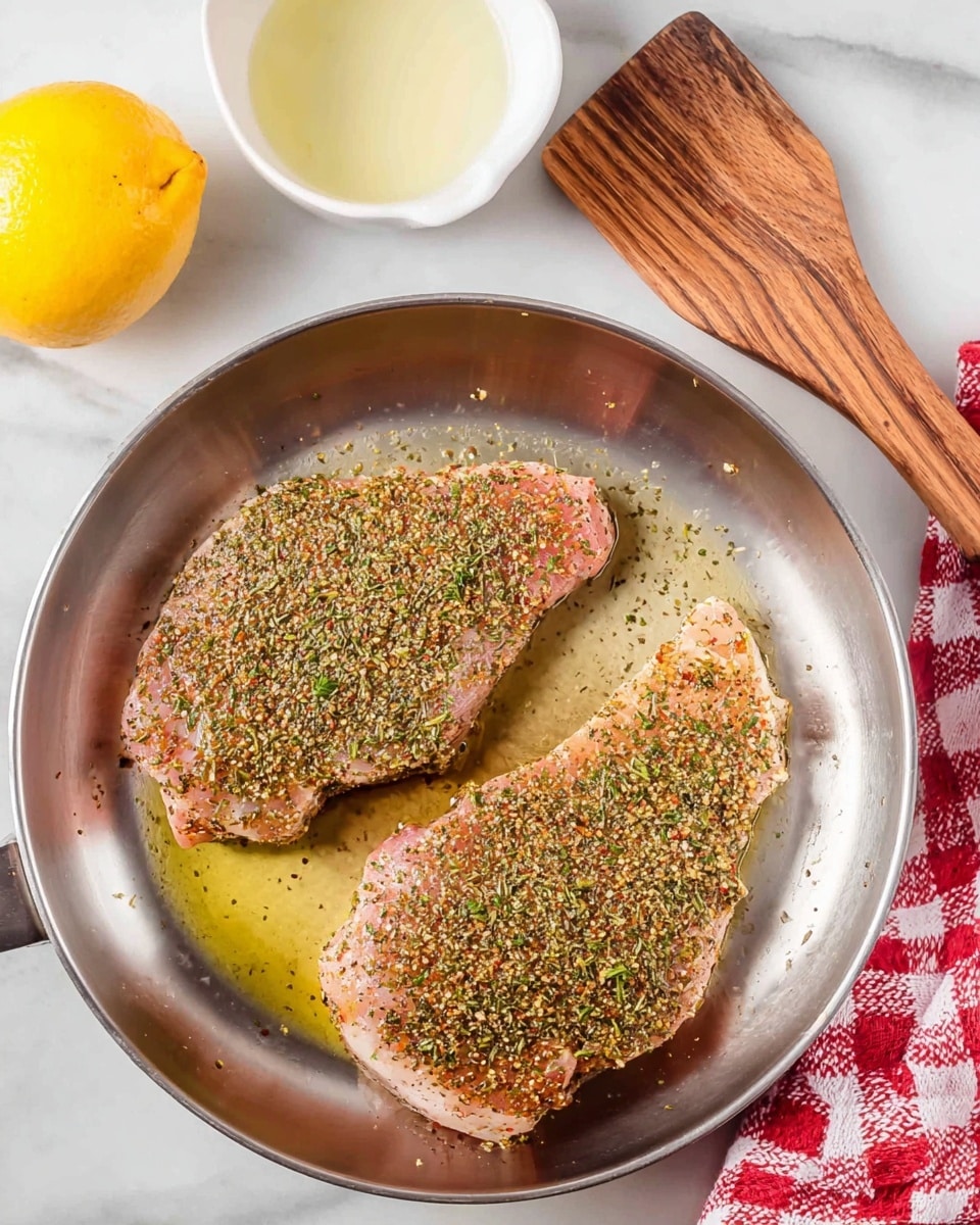A shiny metal pan holds two pieces of raw seasoned meat, each covered with a mix of green and brown dried herbs and spices, giving a textured look. The meat is pale pink under the seasoning, and there is a small pool of oil beneath them in the pan. Above the pan, on a white marbled surface, there is a small white bowl with a light yellow liquid, a whole bright yellow lemon on the left side, and a wooden spatula on the right. A red and white checkered cloth is partially visible at the bottom edge. Photo taken with an iphone --ar 4:5 --v 7