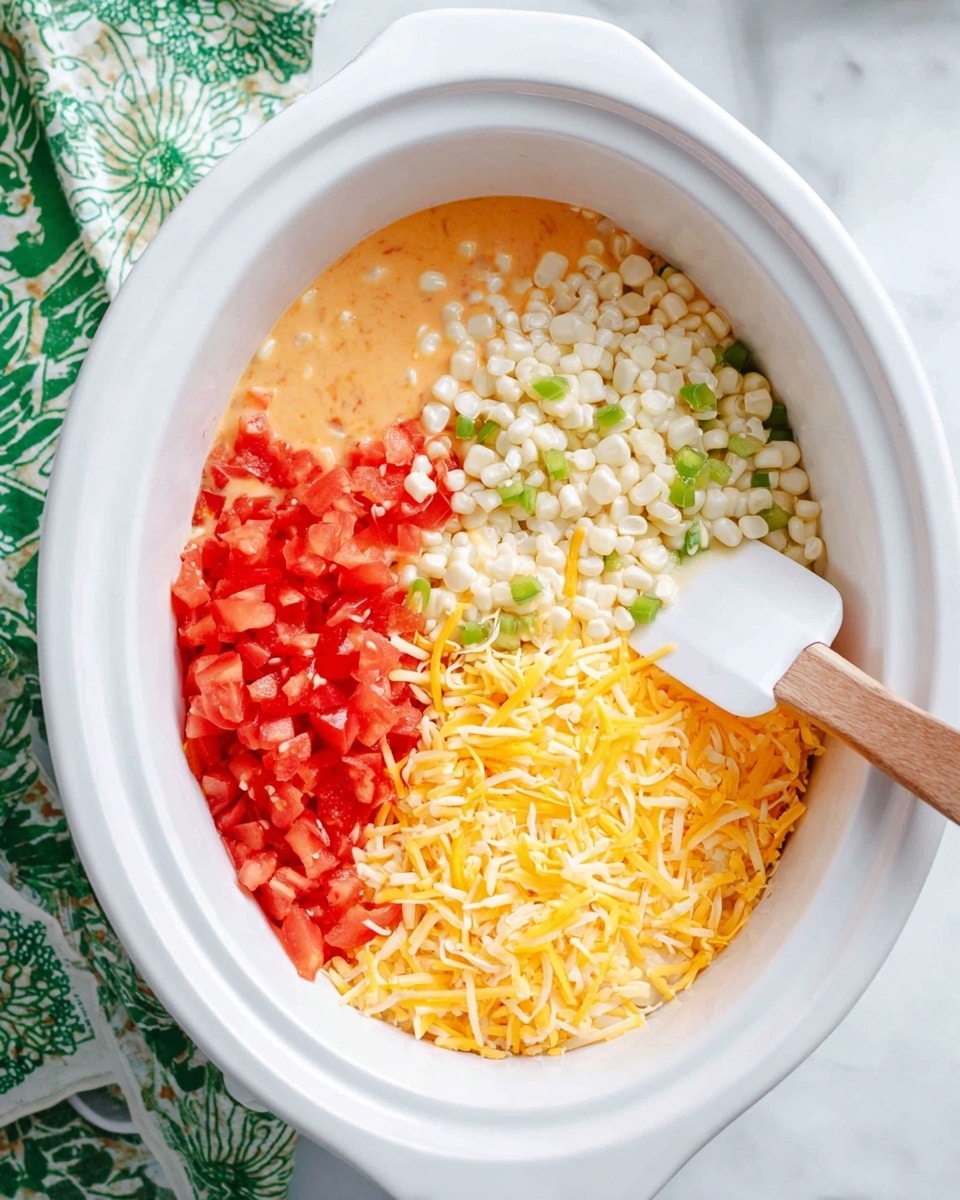 A white slow cooker filled with four separate layers of ingredients. On the right side is a layer of small white corn kernels with bits of green pepper mixed in. On the top left side is a bright red layer of diced tomatoes. Below the tomatoes is a layer of smooth, light orange cheese sauce. On the bottom right is a heap of shredded yellow and white cheese, slightly covering the cheese sauce layer. A white spatula with a wooden handle rests on the shredded cheese. The slow cooker is placed on a white marbled surface with a green patterned cloth nearby. Photo taken with an iphone --ar 4:5 --v 7