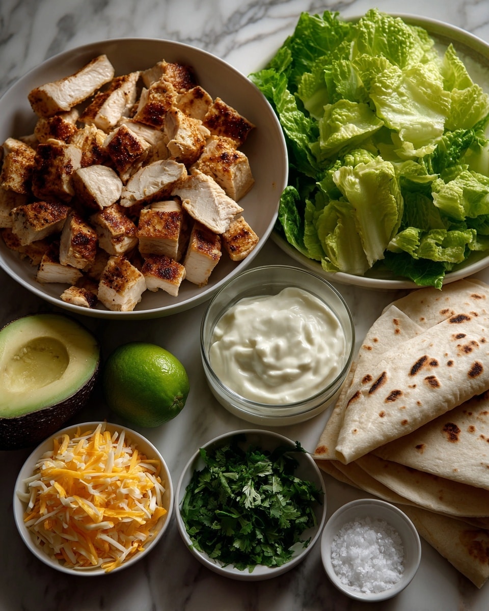 The image shows a white bowl full of sliced cooked chicken pieces with a golden brown outside and white inside, placed at the top left. To the right of the bowl, there are two folded flatbread wraps that are light beige with a soft texture. Below the wraps, bright green lettuce leaves are laid out. In the center, there is a small white bowl of creamy ranch dressing, smooth and white. Below the chicken, a small green lime is next to a white bowl of yellow and orange shredded cheese. Next to the cheese, there is a small white bowl of chopped dark green cilantro. To the right of the cilantro is a small white bowl filled with white sour cream with a thick texture. At the bottom is a whole dark green avocado with a rough surface. A very small white dish of salt is placed near the cheese. The items are all placed on a white marbled surface. photo taken with an iphone --ar 4:5 --v 7