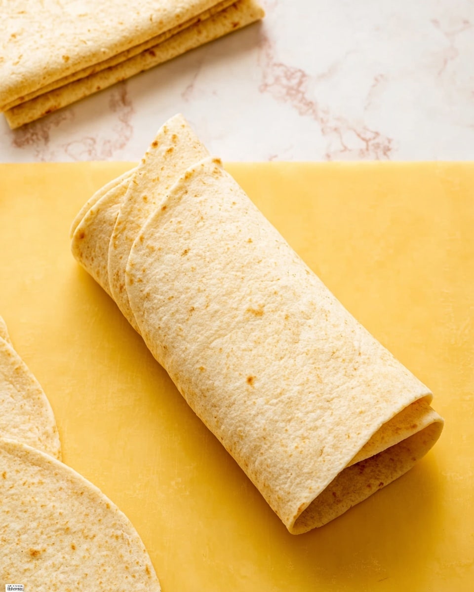 A close-up image shows a rolled tortilla wrap lying on a flat, smooth yellow surface, which takes up most of the frame. The tortilla is light beige with small textured spots, folded neatly into a rectangular shape. In the top left corner, there are two other folded tortillas resting on the same yellow surface. The background is a clean white marbled texture, adding a bright and fresh feel to the image. photo taken with an iphone --ar 4:5 --v 7
