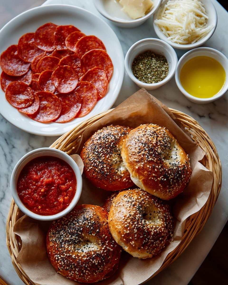 A top-down view shows a white plate at the top filled with evenly arranged reddish pepperoni slices in a circular pattern, all touching each other. Below it, a woven basket lined with brown paper holds five golden brown bagels with black sesame seeds scattered on top. Under the basket, two small white bowls sit side by side; the left bowl contains thick red pizza sauce with a slightly chunky texture, and the right bowl is filled with white shredded mozzarella cheese. Beneath these, three tiny white bowls are placed in a row, holding, from left to right, brownish pizza seasoning with mixed herbs, bright yellow melted butter with a smooth surface, and pale yellow garlic powder with a fine texture. The whole scene rests on a white marbled surface. photo taken with an iphone --ar 4:5 --v 7