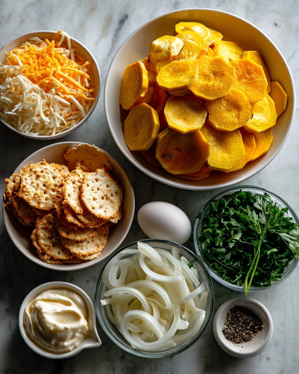 The image shows several white bowls arranged on a white marbled surface. The largest bowl at the top center is filled with bright yellow squash slices, cut into round pieces showing their smooth texture. Below it to the left, there is a bowl containing a mix of shredded cheese with orange and white colors. To the right of the cheese, a smaller clear bowl holds fresh green parsley with a leafy texture. Next to parsley, there is a white bowl full of thin, white onion slices, arranged loosely. Below the onion bowl is a measuring cup filled with smooth, creamy mayonnaise. At the bottom left, a small white bowl contains round, golden crackers with crispy texture. Near the mayonnaise, an egg rests directly on the marbled surface, and to the right of the yellow squash bowl, a small white dish holds salt and pepper with the pepper in black granules and the salt in white granules. The entire arrangement is neat and clearly shows each ingredient separated. Photo taken with an iphone --ar 4:5 --v 7