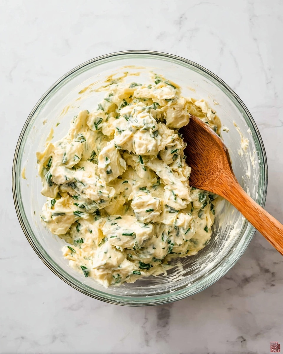 A clear glass bowl filled with a creamy mixture that has chunks of pale yellow and white pieces mixed with chopped green herbs, giving a textured look. A wooden spoon with a medium brown handle is partially dipped into the mixture on the right side of the bowl. The bowl sits on a white marbled surface. photo taken with an iphone --ar 4:5 --v 7