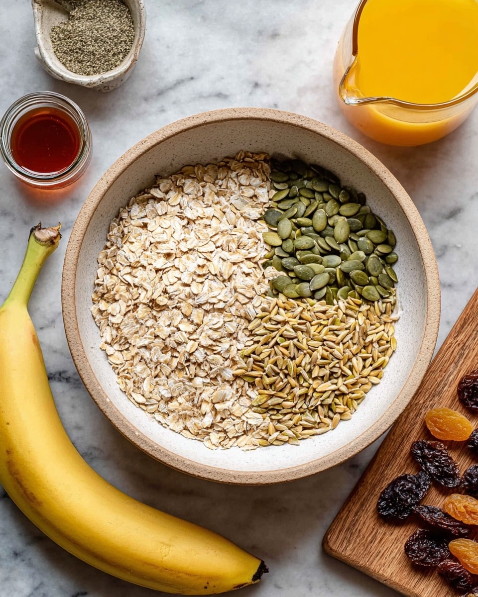 A white bowl holds four distinct sections of dry ingredients arranged side by side without mixing: one large section of light beige rolled oats with a rough texture, a smaller section of flat, green pumpkin seeds, another section of small, golden brown sunflower seeds with a slight shine, and another section of slightly larger, beige quick oats. The bowl is set on a white marbled surface, surrounded by a ripe yellow banana, a glass jug of orange juice, a small jar with a dark liquid, a small container of ground spice, and a wooden board with dried fruit pieces. photo taken with an iphone --ar 4:5 --v 7