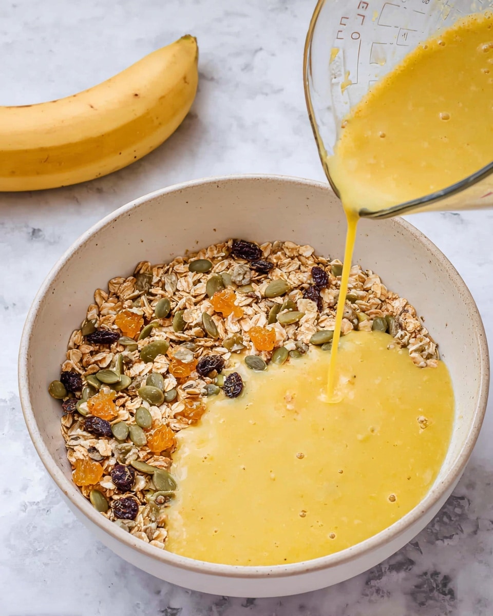 A white bowl with a layer of mixed dry granola containing oats, pumpkin seeds, raisins, and small orange pieces on one side and middle, surrounded by a thick smooth yellow mixture covering the rest of the bowl. A clear glass measuring cup pours more of the yellow mixture into the bowl from the bottom right corner. A ripe banana is visible at the top left corner on a white marbled surface background photo taken with an iphone --ar 4:5 --v 7