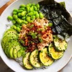 Spicy Salmon and Tuna Sushi Bowls with Avocado and Edamame Recipe