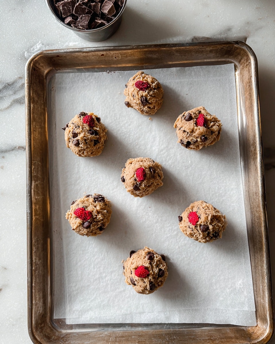 Six evenly spaced cookie dough balls sit on a square sheet of white parchment paper that covers a silver baking tray. Each dough ball is light brown and chunky with visible bits of dark chocolate and bright red strawberry pieces on top. The tray rests on a white marbled surface, and in the upper left corner is a small container filled with dark chocolate chunks. The photo is taken from above in natural light, showing the rough texture of the dough and the sharp contrast of the chocolate and strawberry pieces on each mound. photo taken with an iphone --ar 4:5 --v 7