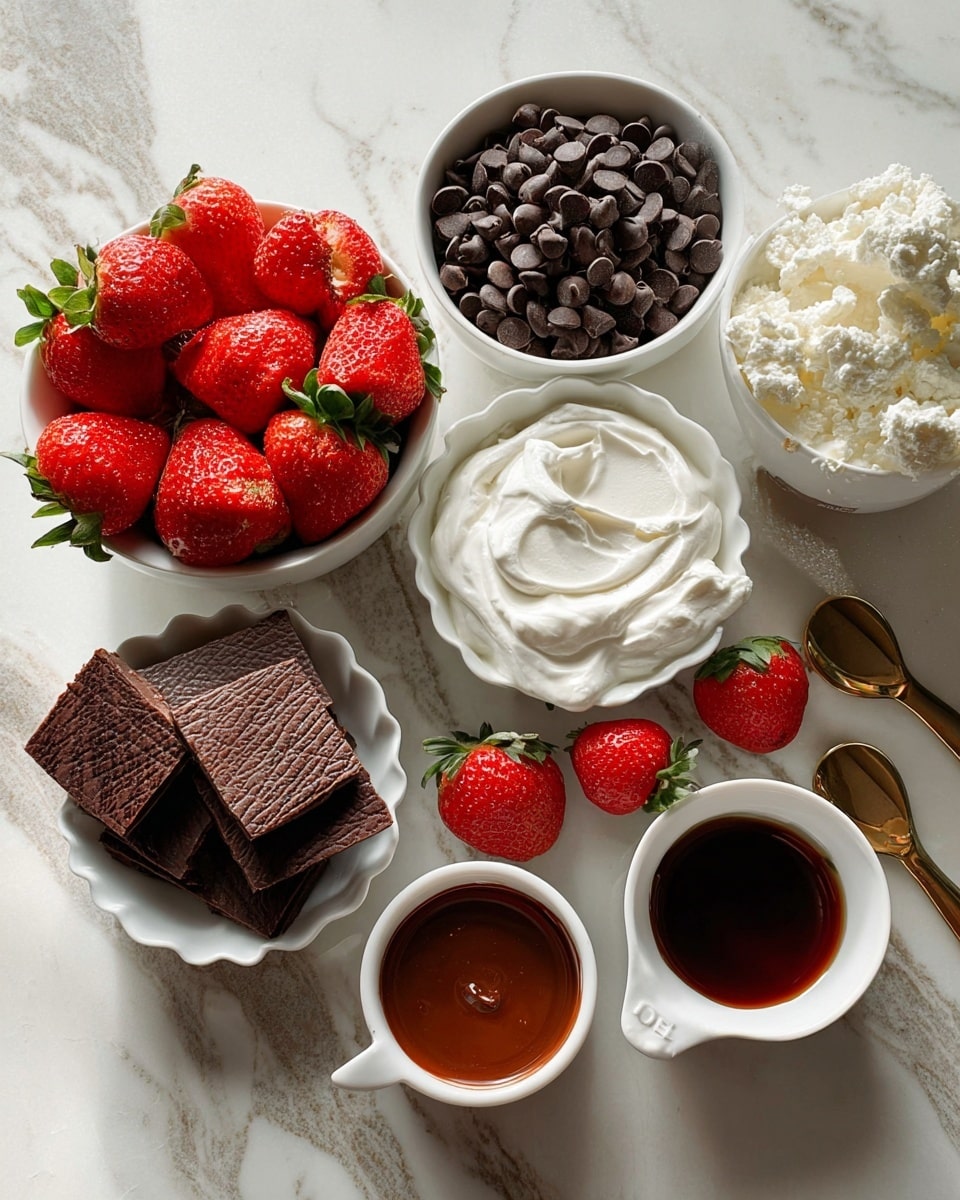 The image shows several small white bowls and measuring cups placed on a white marbled surface. One bowl is filled with dark chocolate chips, which are round and shiny. Another bowl holds small, square chocolate biscuits with a textured surface. A scalloped white bowl contains bright red strawberries with green leaves still attached. One measuring cup is filled with smooth white cream, and another has chunky cottage cheese. There are two small white bowls, one with a dark brown liquid and the other with a thicker dark brown syrup. The arrangement is neat and well-lit, with natural light enhancing the colors and textures. Photo taken with an iphone --ar 4:5 --v 7