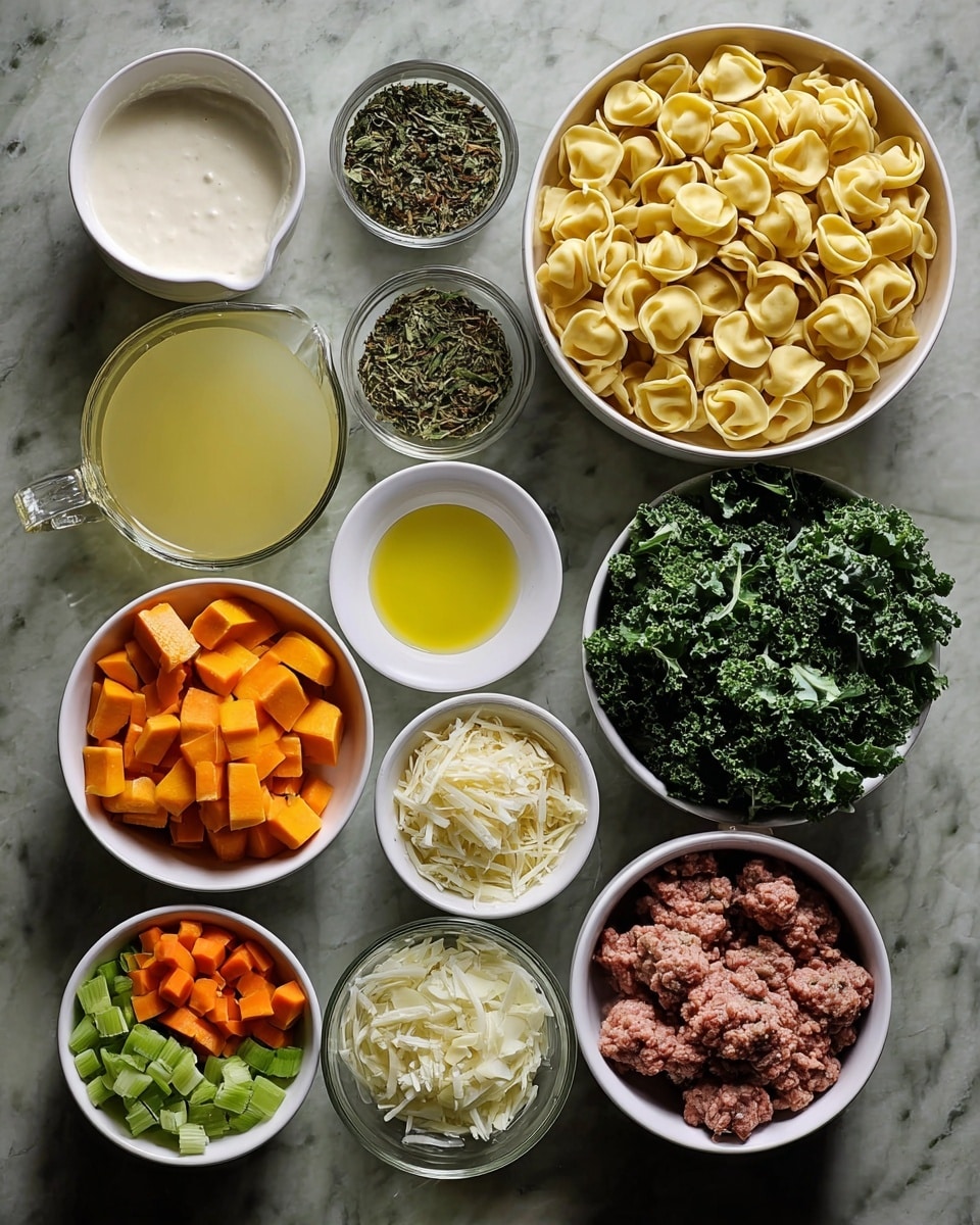 The image shows an overhead view of various ingredients neatly arranged on a white marbled surface. There are 11 small white bowls and one clear glass container. From top left moving clockwise: a small bowl of creamy white liquid, a bowl of dried herbs with green and brown tones, a bowl of chopped dried green leaves, a small bowl of yellow oil, and a small bowl of finely chopped garlic. Below these is a large bowl filled with pale yellow tortellini pasta. Next to it, a clear glass measuring cup holds a light yellow broth. On the bottom left is a bowl of bright orange cubed squash, above that a bowl containing diced orange carrots and chopped green celery. Next is a bowl with small white chopped onions, then a bowl of white shredded cheese, and finally a bowl with raw ground meat in irregular lumps and a bowl of chopped fresh kale leaves in the center. All bowls are round and white. The photo is taken with an iphone --ar 4:5 --v 7